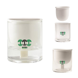 Self watering planter cup with Oaklandish tree logos in black and green. Graphic image of ceramic cup, glass jar for assembly.