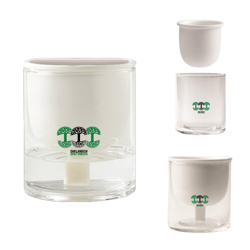 Self watering planter cup with Oaklandish tree logos in black and green. Graphic image of ceramic cup, glass jar for assembly.