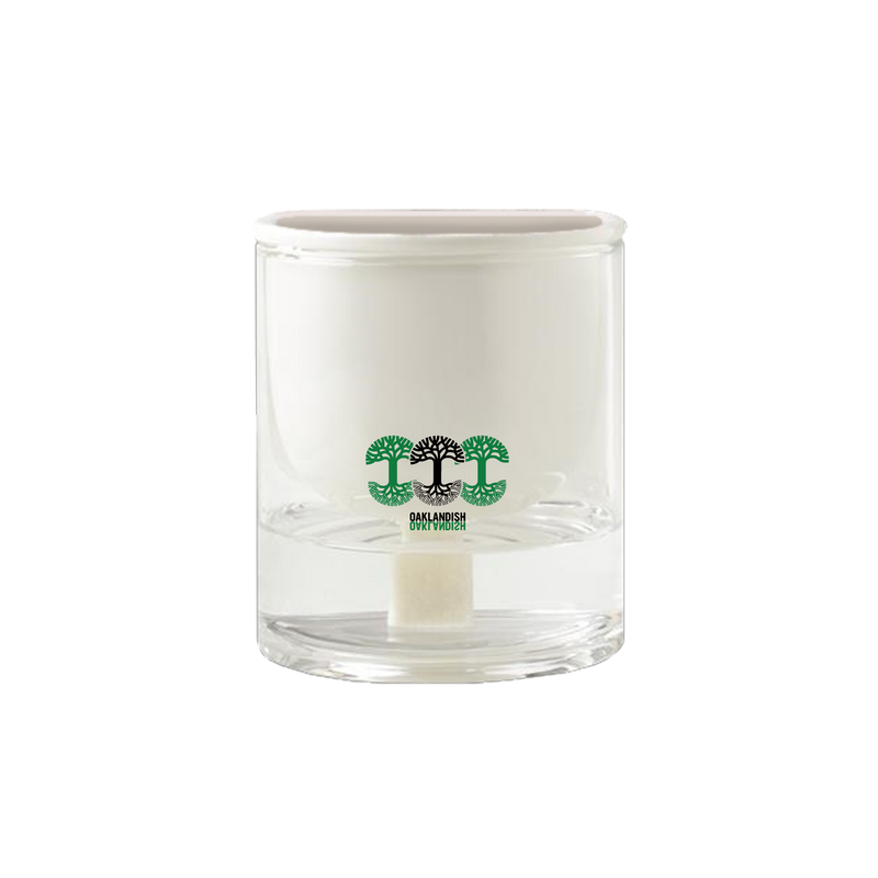 Self watering planter cup with Oaklandish tree logos in black and green.