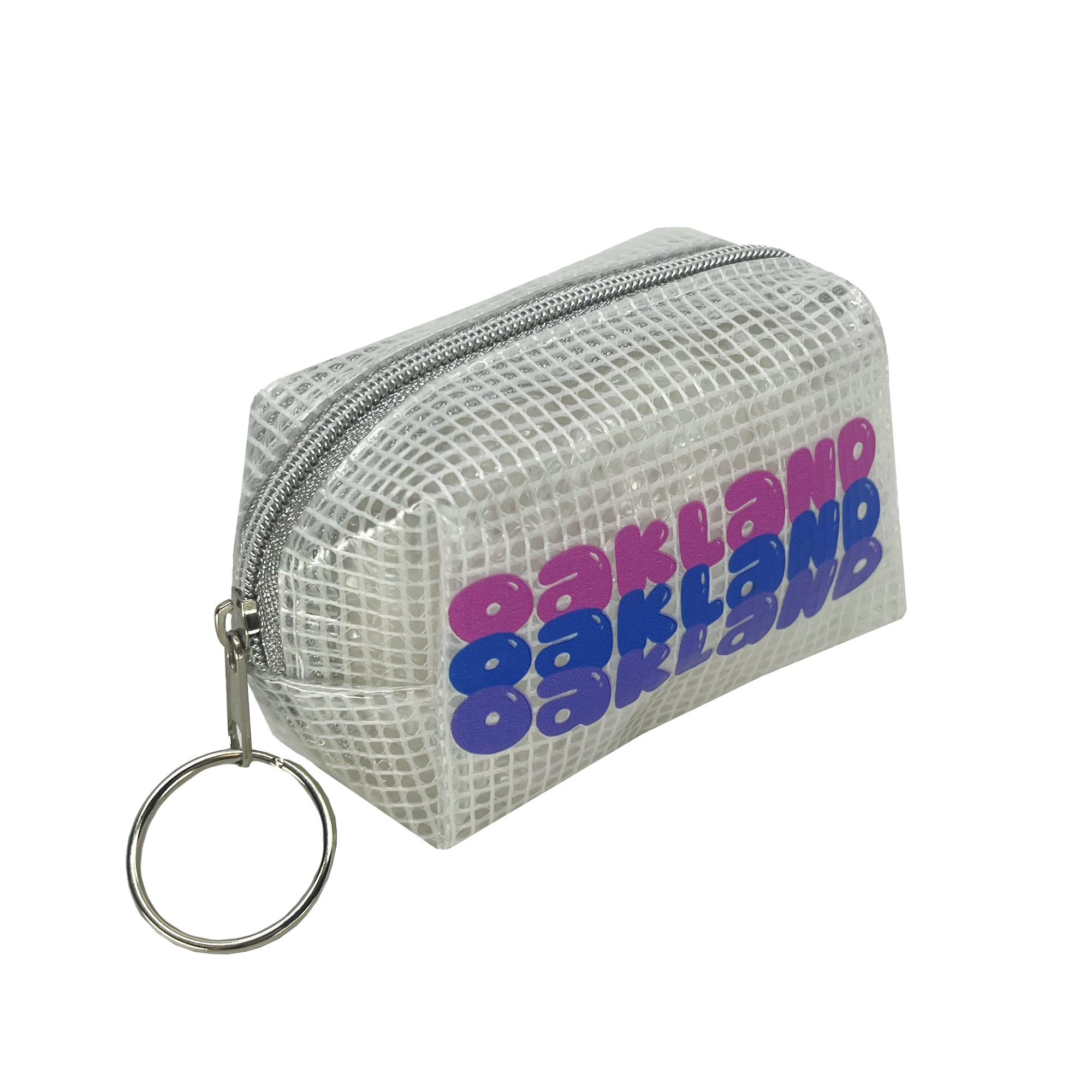 Side view of clear plastic zippered travel pouch with bubble font OAKLAND wordmark repeated in pink, blue, and purple.