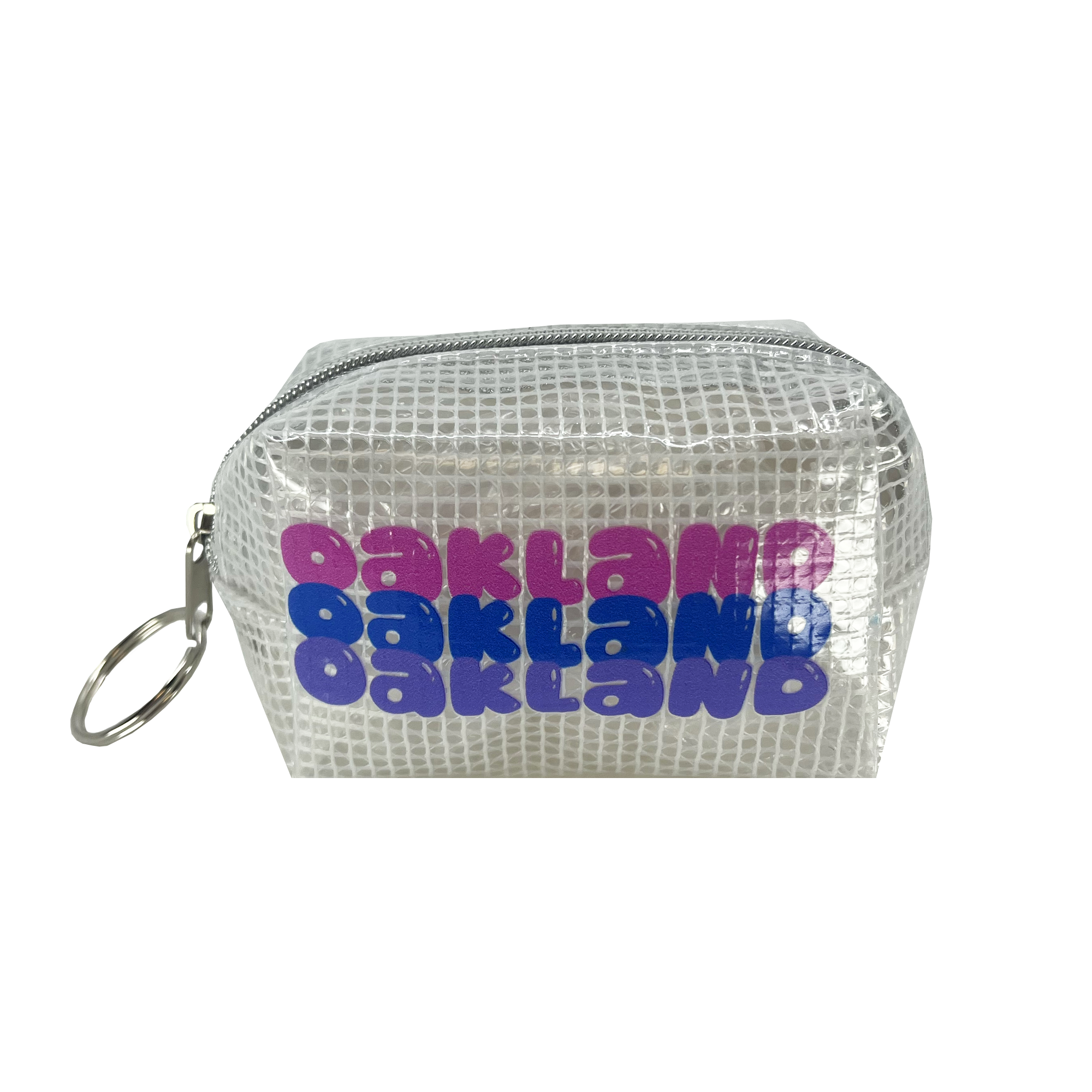 Front view of clear plastic zippered travel pouch with bubble font OAKLAND wordmark repeated in pink, blue, and purple.