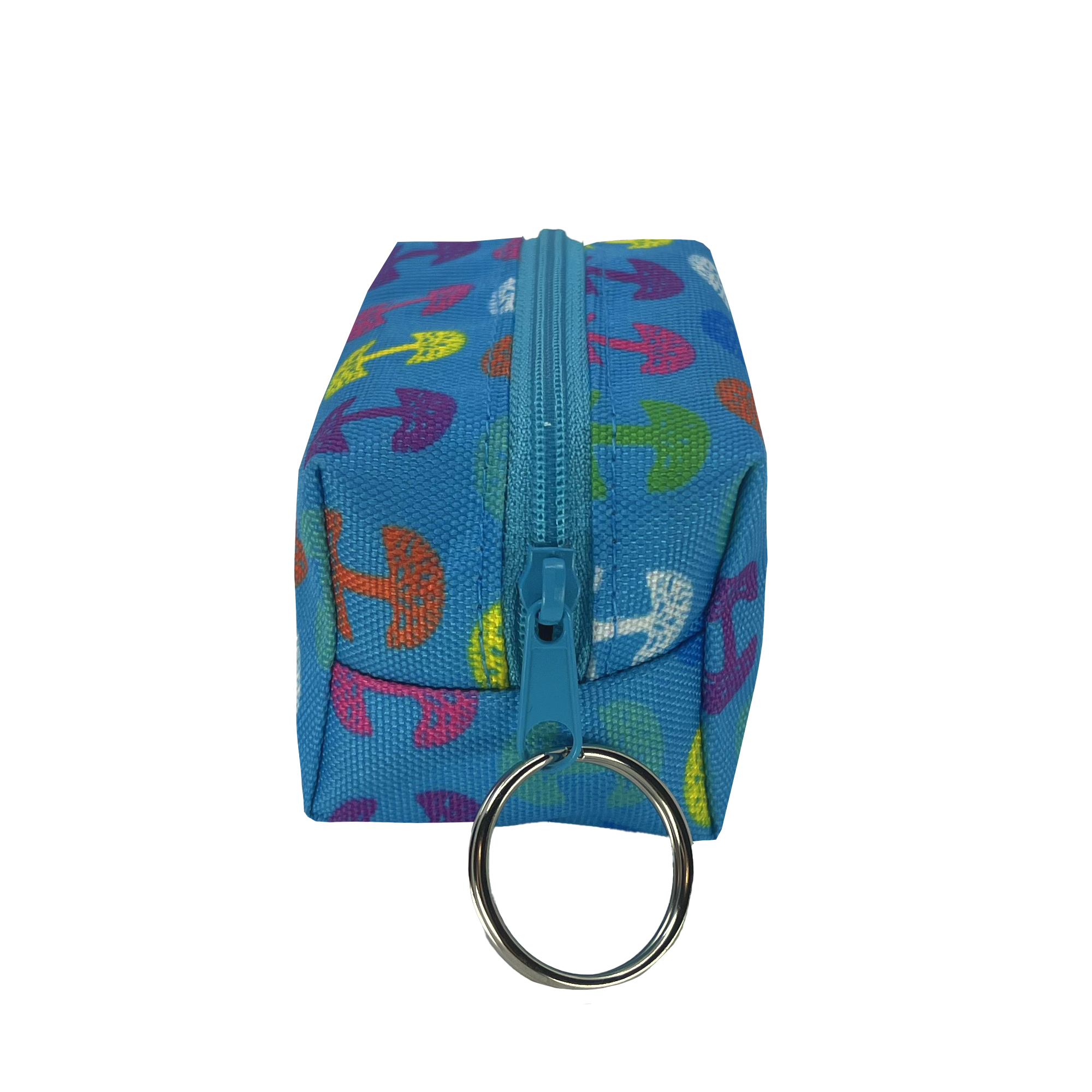 Side view of a blue zippered cosmetic and toiletry dopp bag with multi-color Oaklandish tree logos on repeat and key ring on zipper.