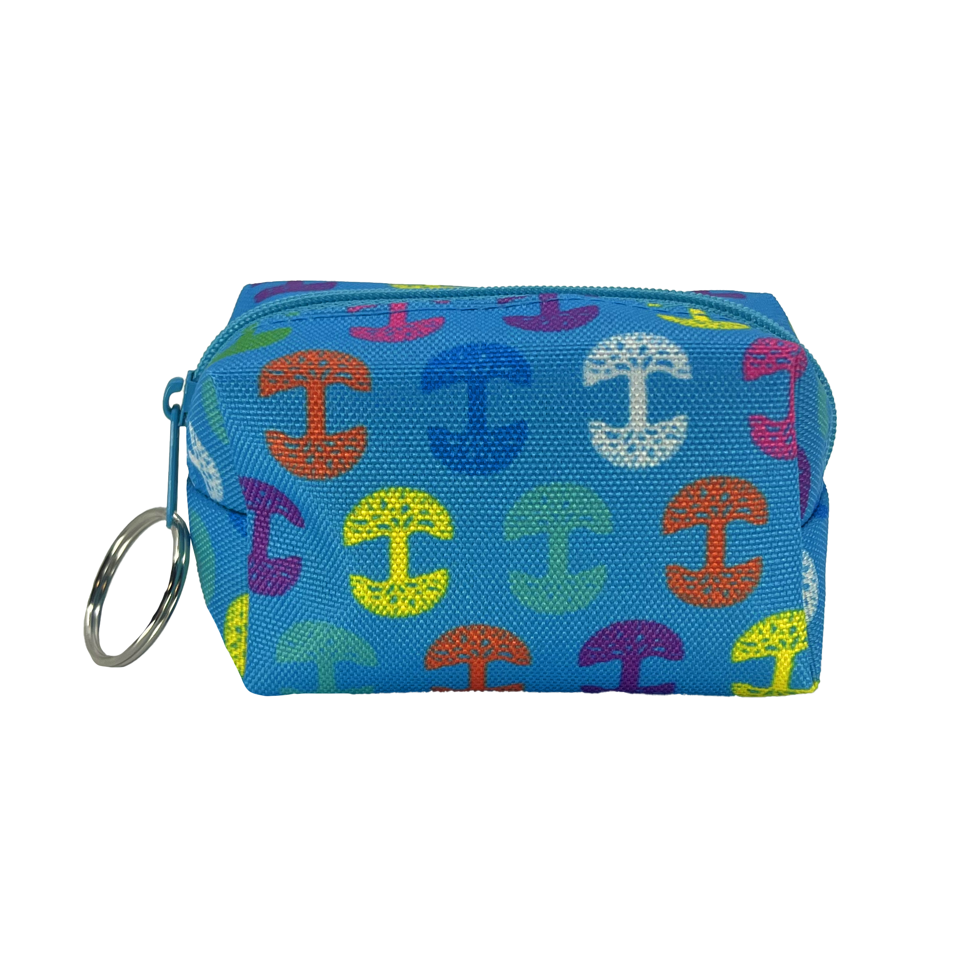Front view of a blue zippered cosmetic and toiletry dopp bag with multi-color Oaklandish tree logos on repeat and key ring on zipper.