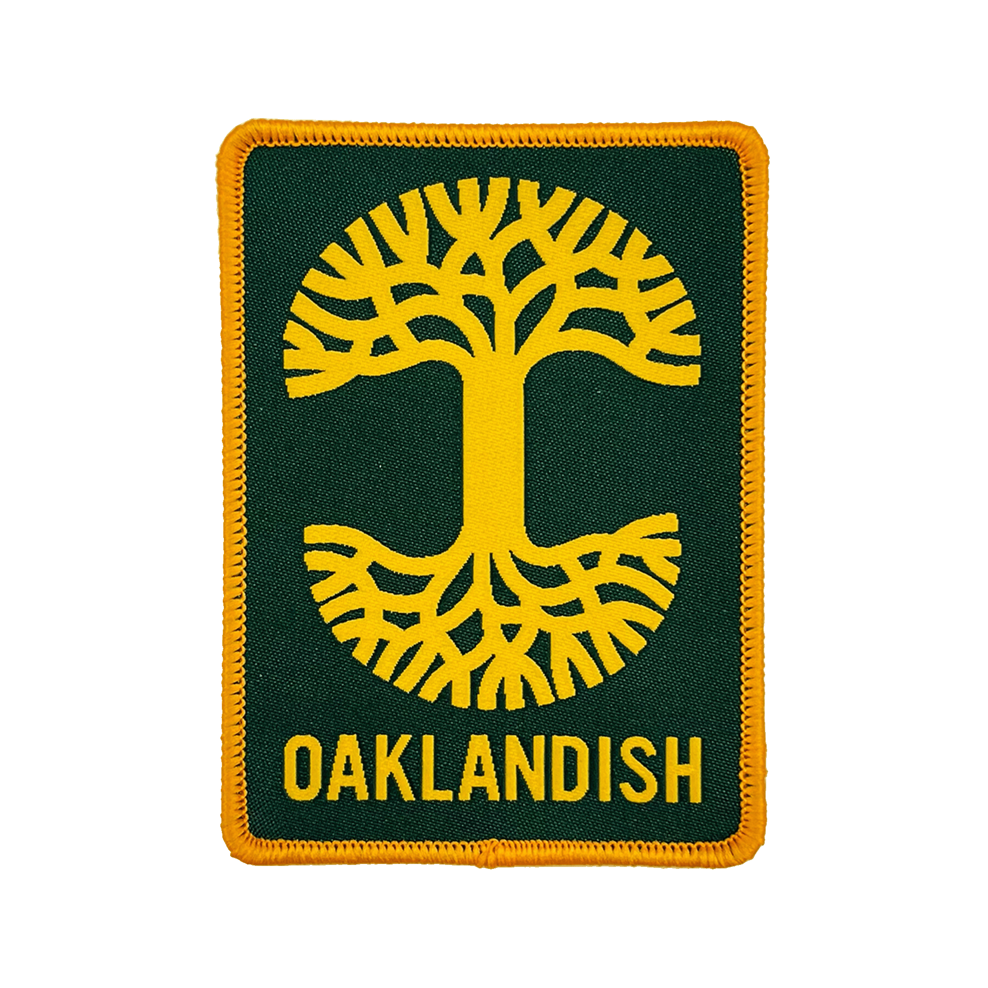 Forest green woven iron-on patch with gold Oaklandish tree logo and wordmark.