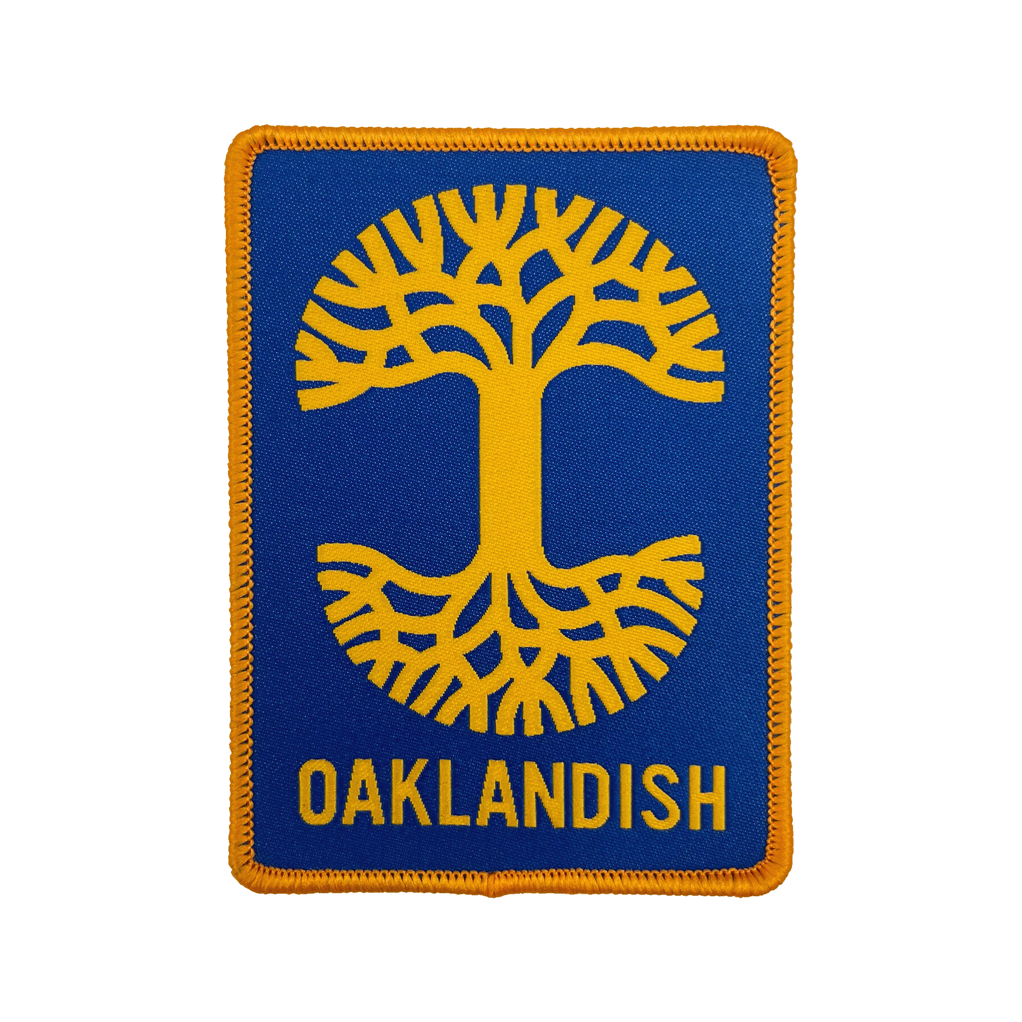 Royal blue woven iron-on patch with gold Oaklandish tree logo and wordmark.