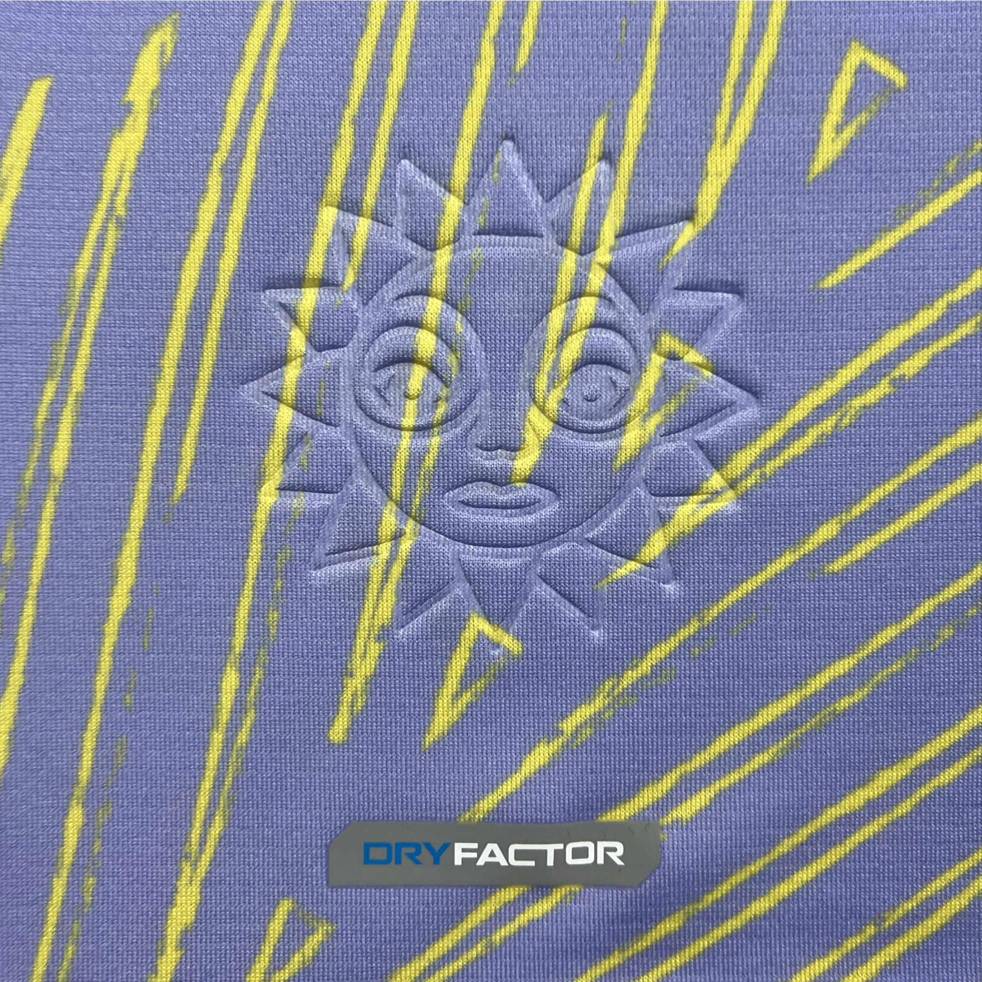 Detailed view of lavender color Oakland Soul x Charly soccer jersey with embossed Oakland Soul  sun logo.