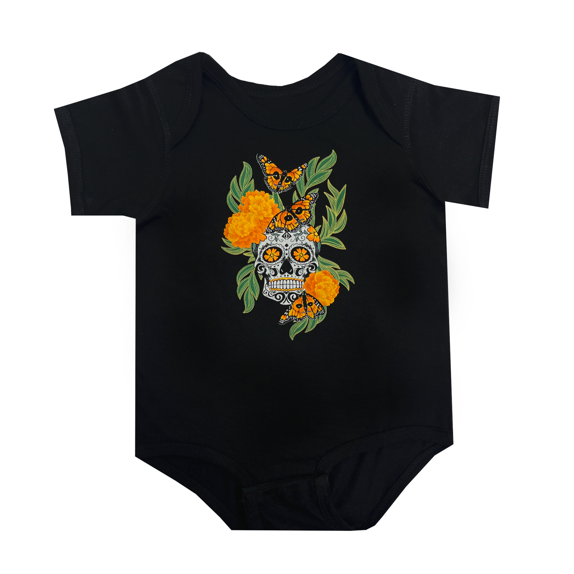 Black baby one-piece with graphic art by Oakland artist Jet Martinez depicting a sugar skull surrounded by Marigolds and Monarch butterflies.