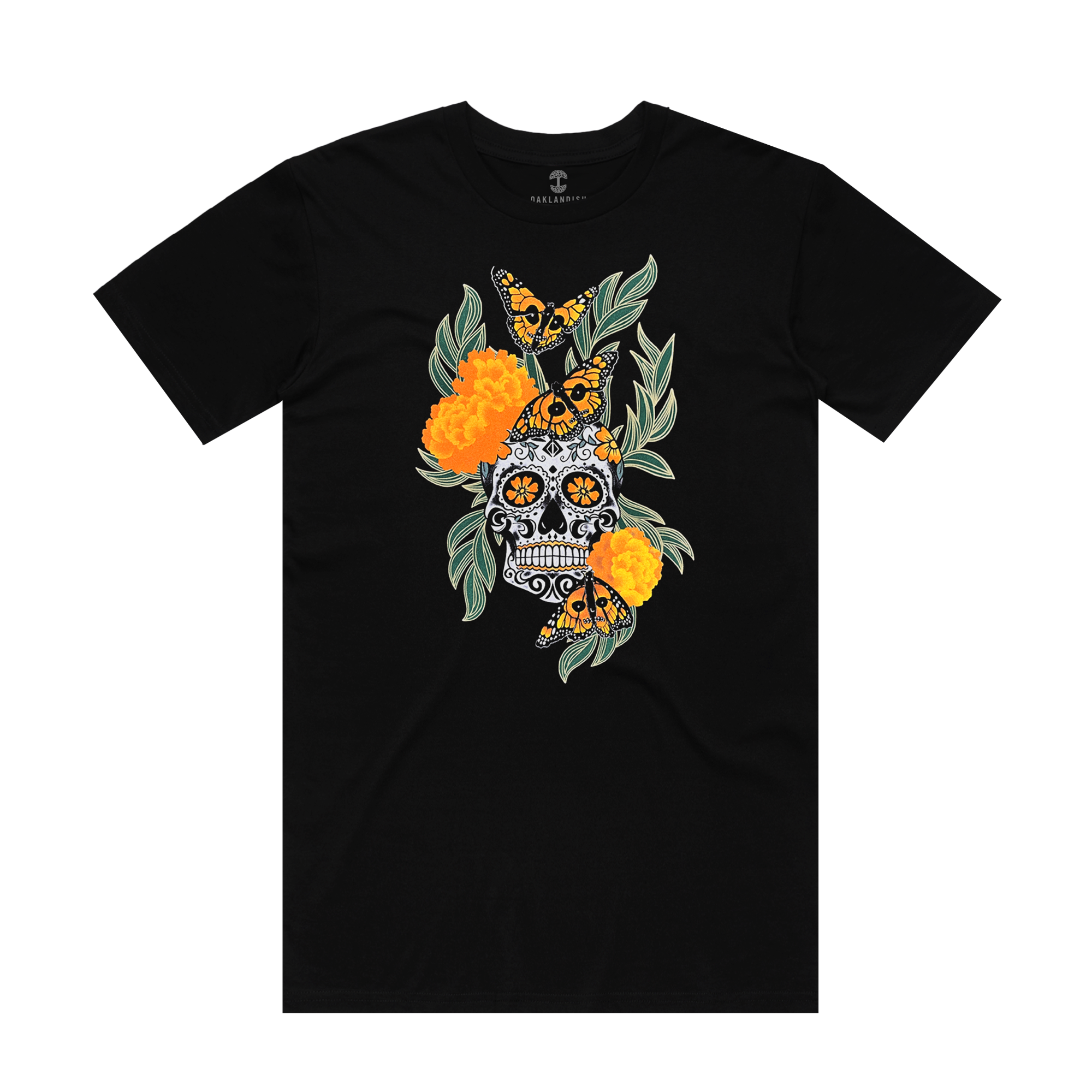 Black t-shirt with graphic art by Oakland artist Jet Martinez depicting a sugar skull surrounded by Marigolds and Monarch butterflies.