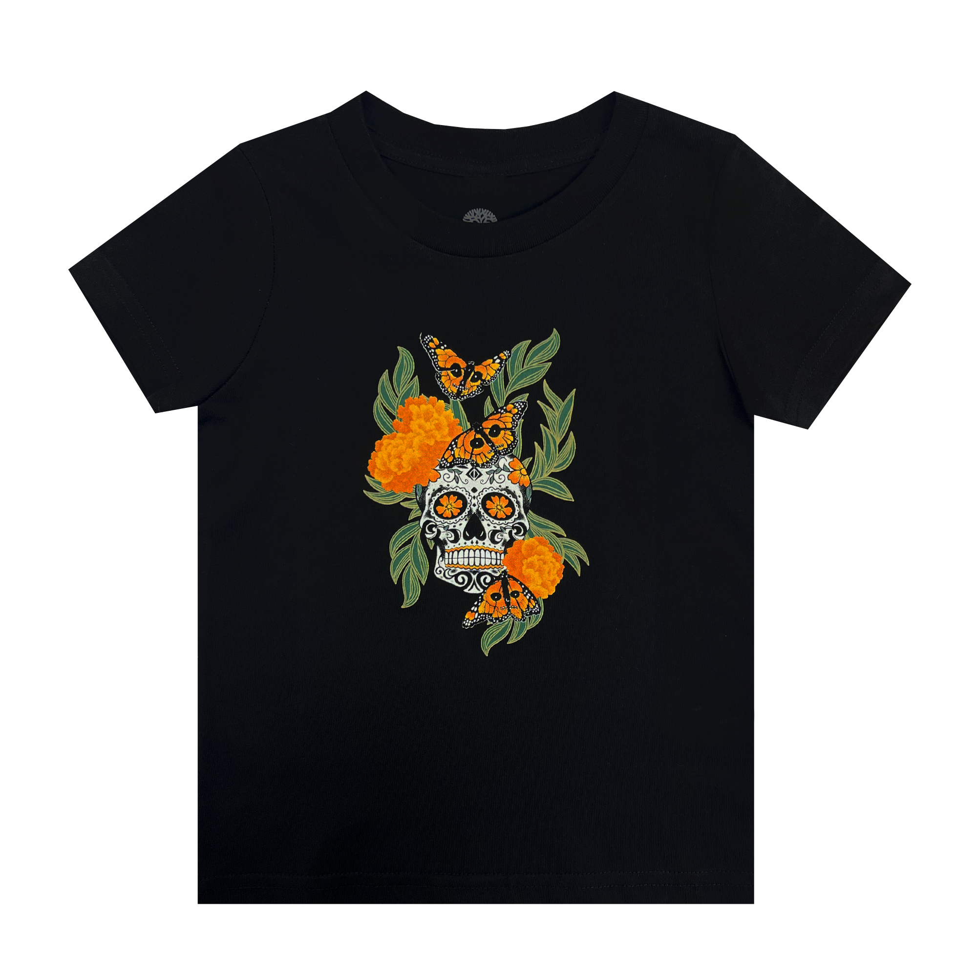 Black toddler t-shirt with graphic art by Oakland artist Jet Martinez depicting a sugar skull surrounded by Marigolds and Monarch butterflies.
