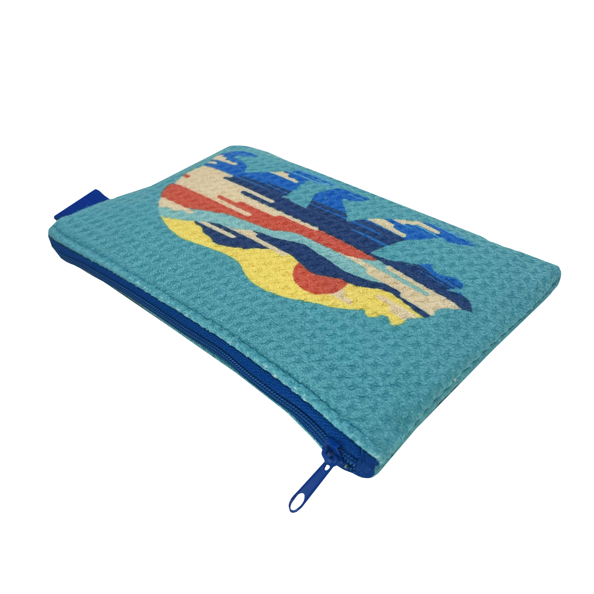 Above and side angle view of a blue zippered waffle weave pouch with a full-color sunset-themed graphic of a bear on the front.
