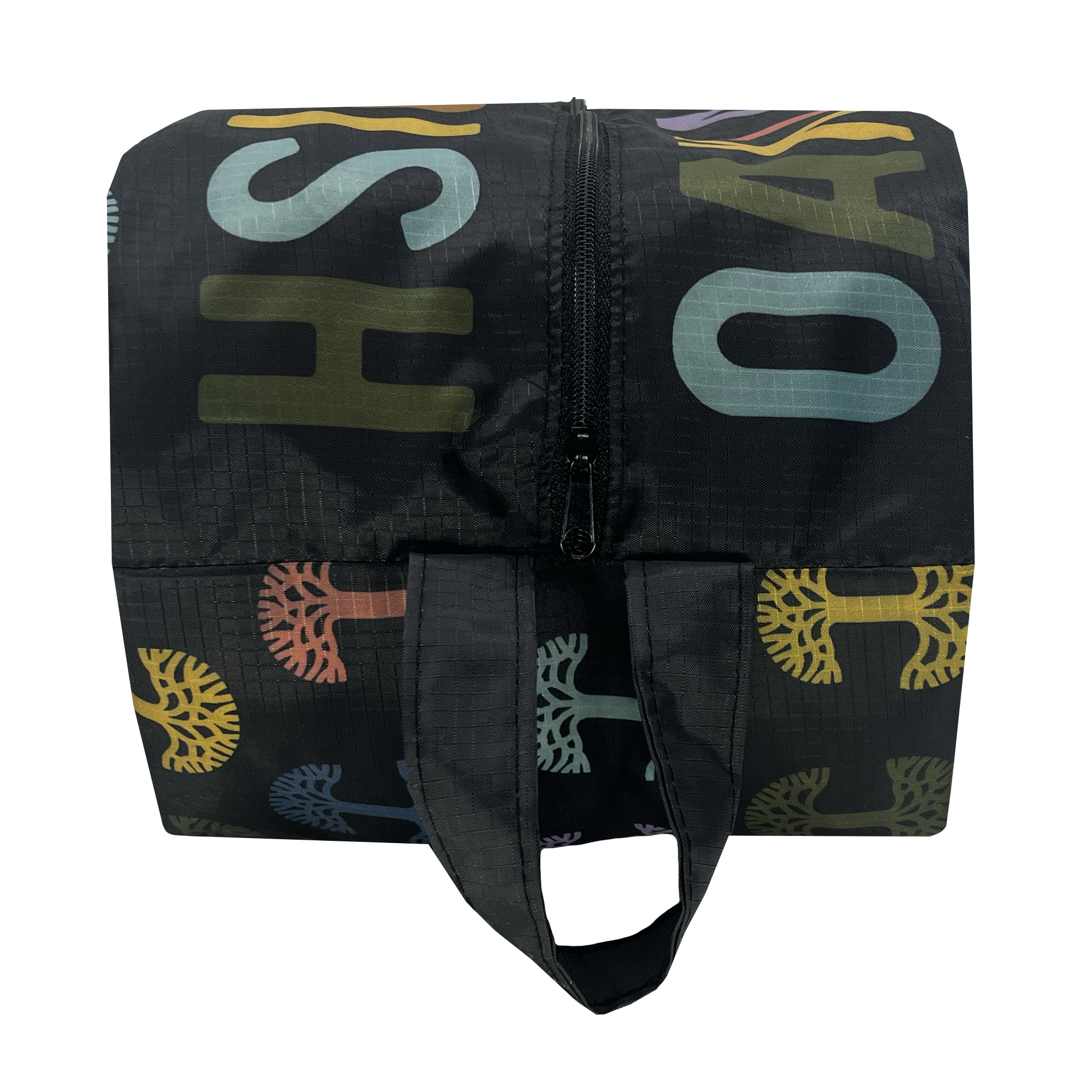 Front view of a black zippered cosmetic and toiletry dopp bag with multi-color Oaklandish tree logos on repeat and Oaklandish wordmarks on the top.