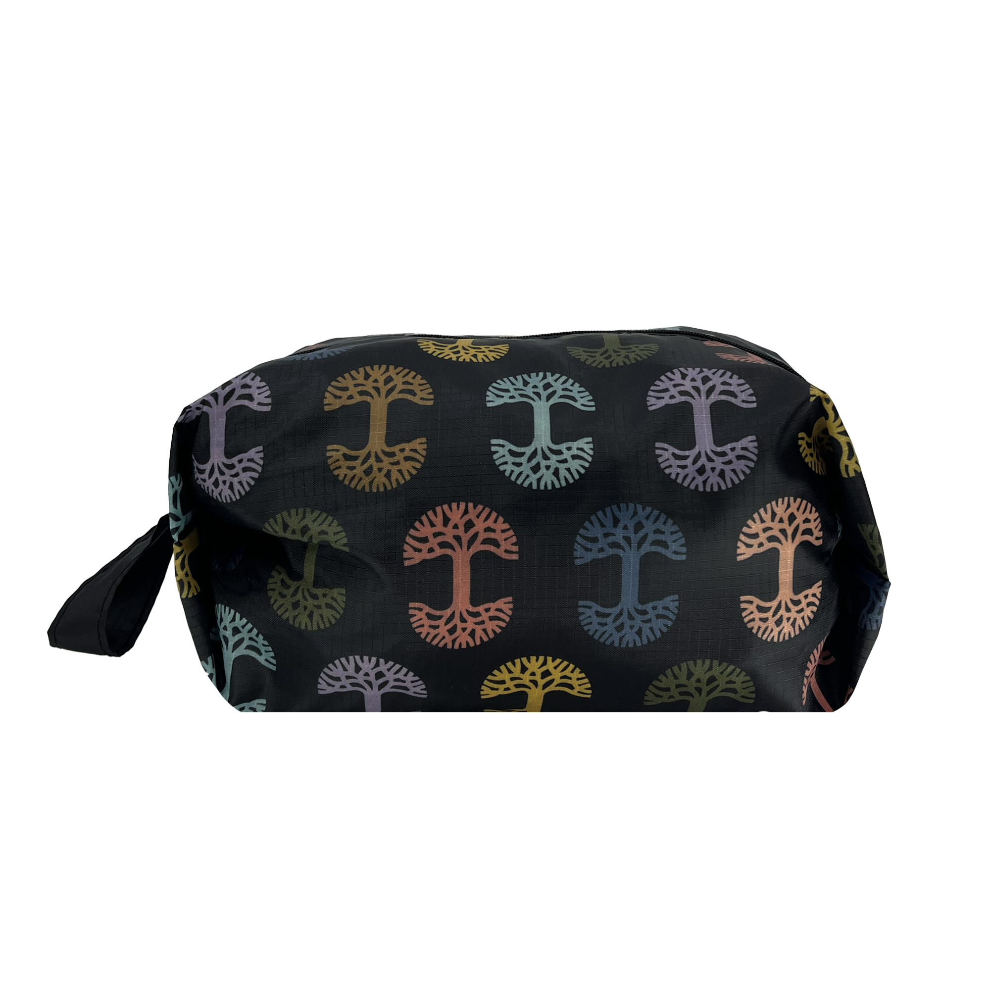 Front view of a medium-sized black zippered toiletry dopp bag with multi-color Oaklandish tree logos on repeat.
