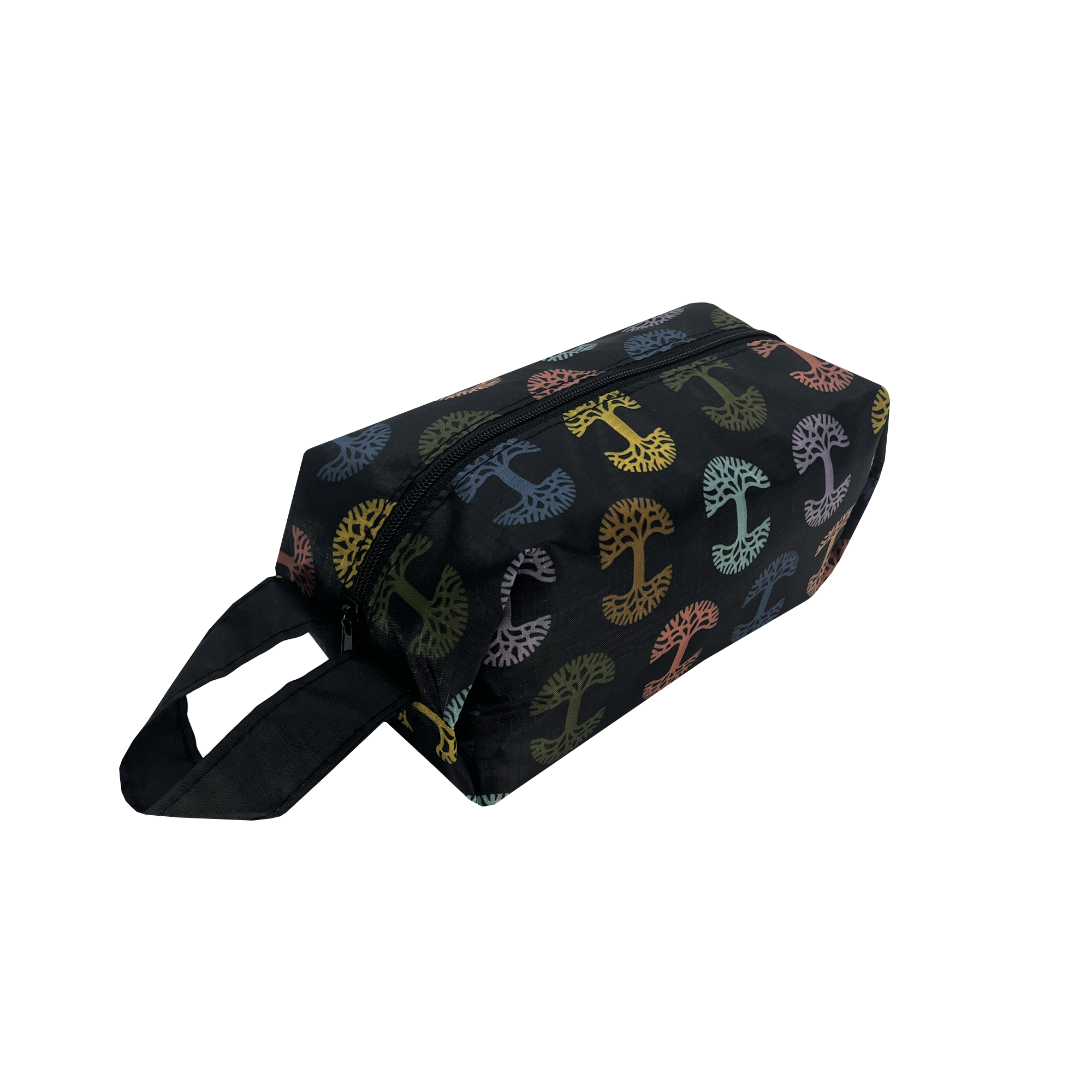 Side view of a small-sized black zippered collapsible toiletry dopp bag with multi-color Oaklandish tree logos on repeat.
