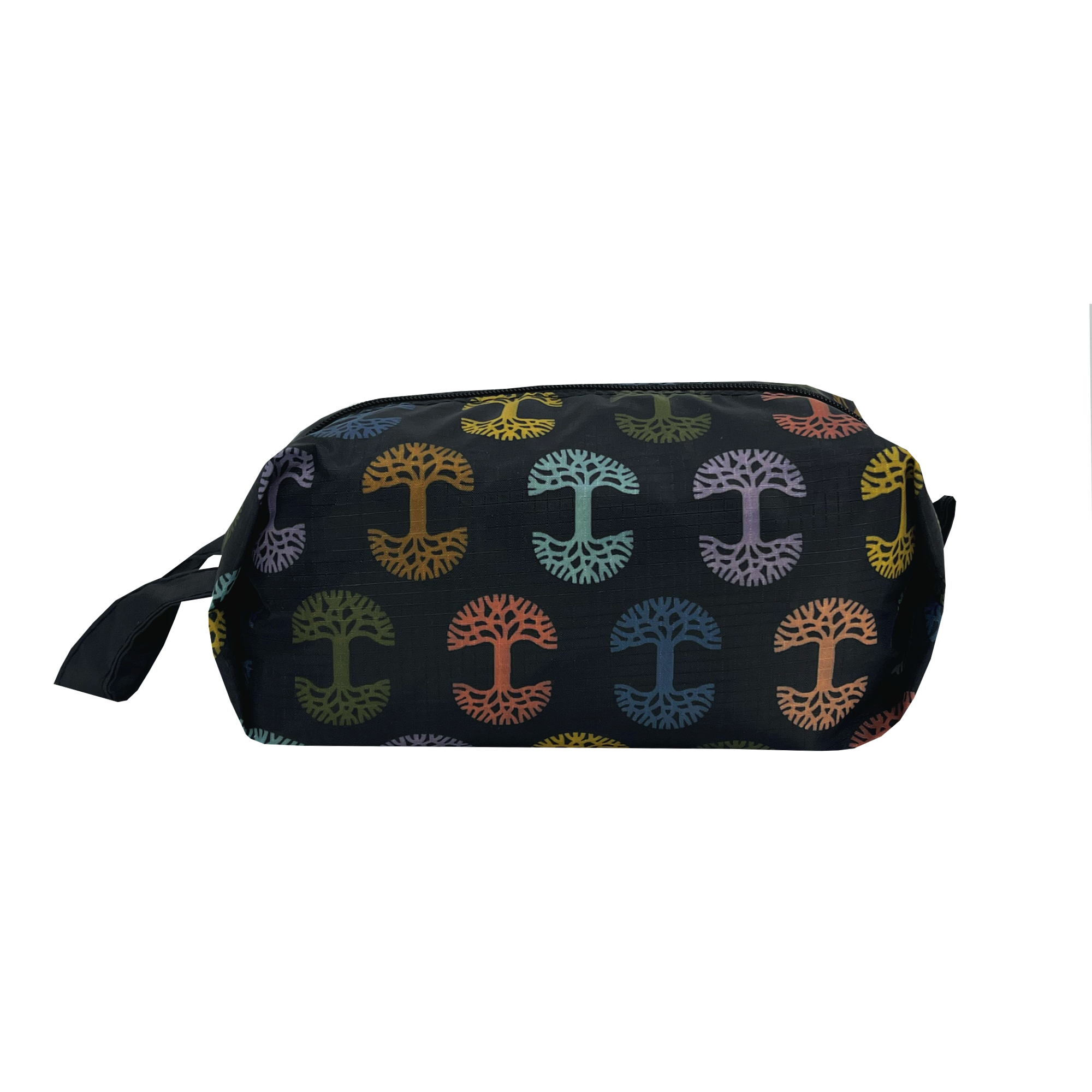 Front view of a small-sized black zippered toiletry dopp bag with multi-color Oaklandish tree logos on repeat.