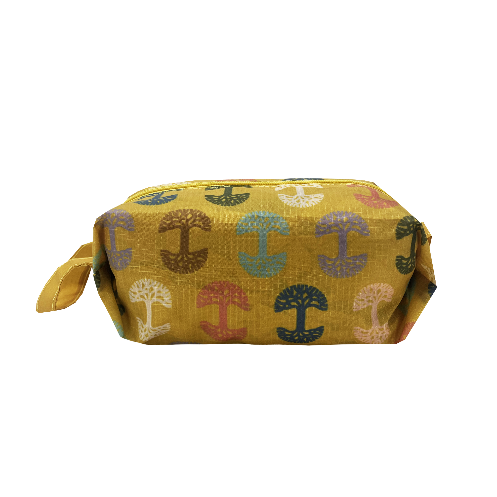 Front view of a small-sized yellow zippered toiletry dopp bag with multi-color Oaklandish tree logos on repeat.