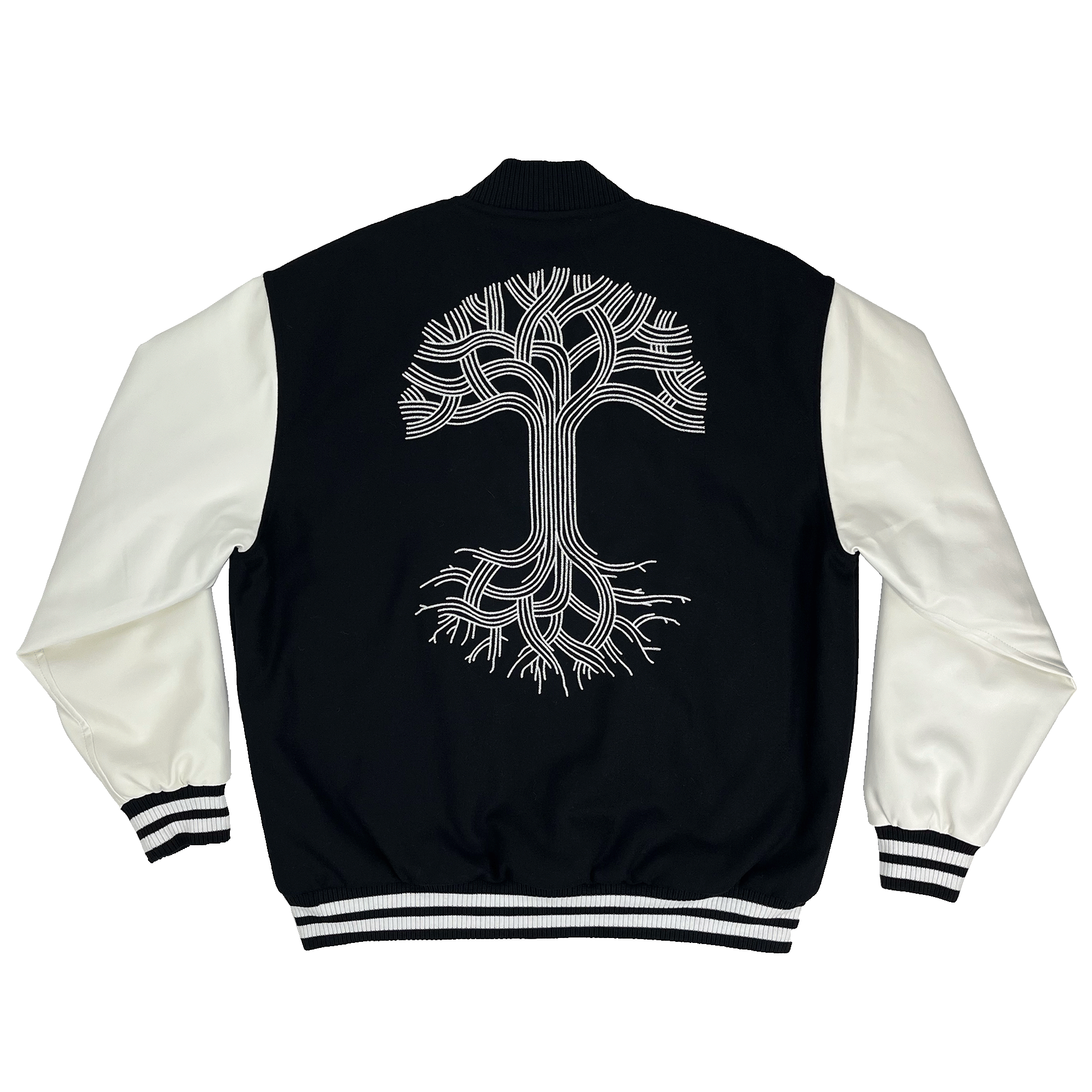 The backside of a black varsity jacket with white sleeves and black and white striped trim and a large Oaklandish tree logo in the center back.