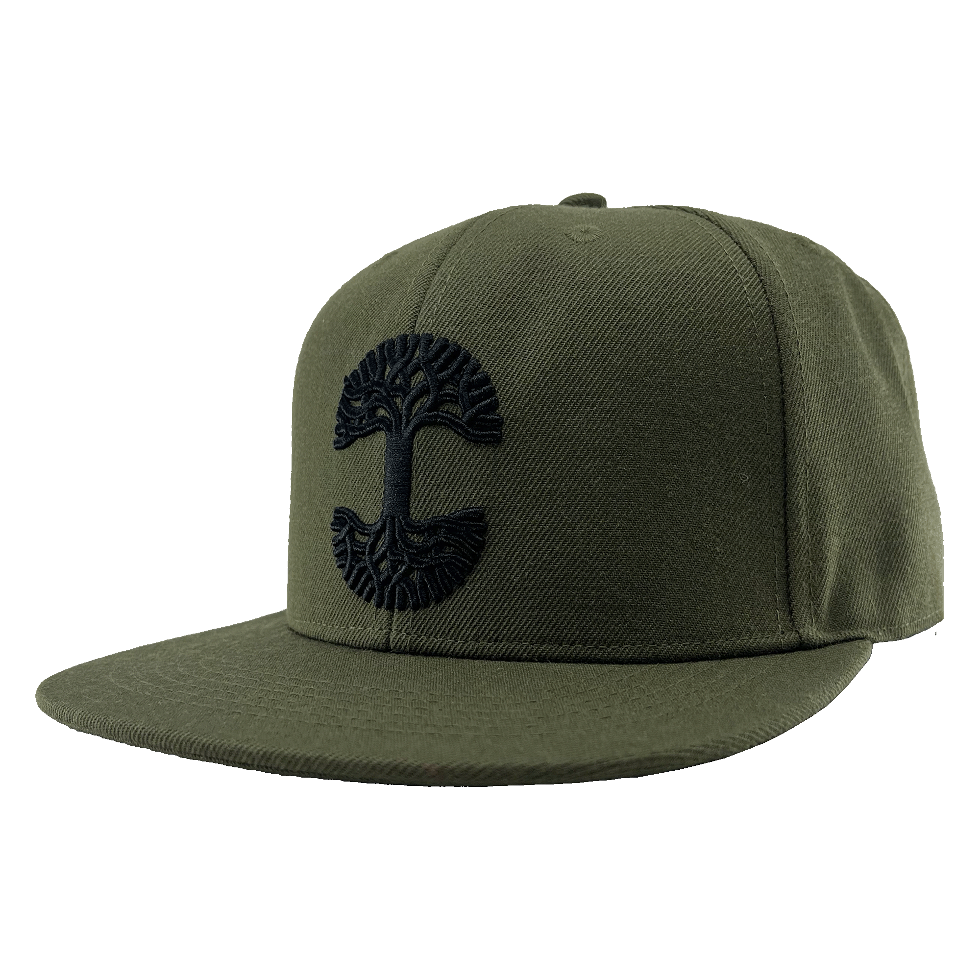 The Old English Aft Snapback is an olive green hat with a flat brim, showcasing an intricate black Oaklandish tree logo embroidered on the front center. This cap features a structured crown, adjustable snapback closure, and appears new and unworn, all set against a transparent background.