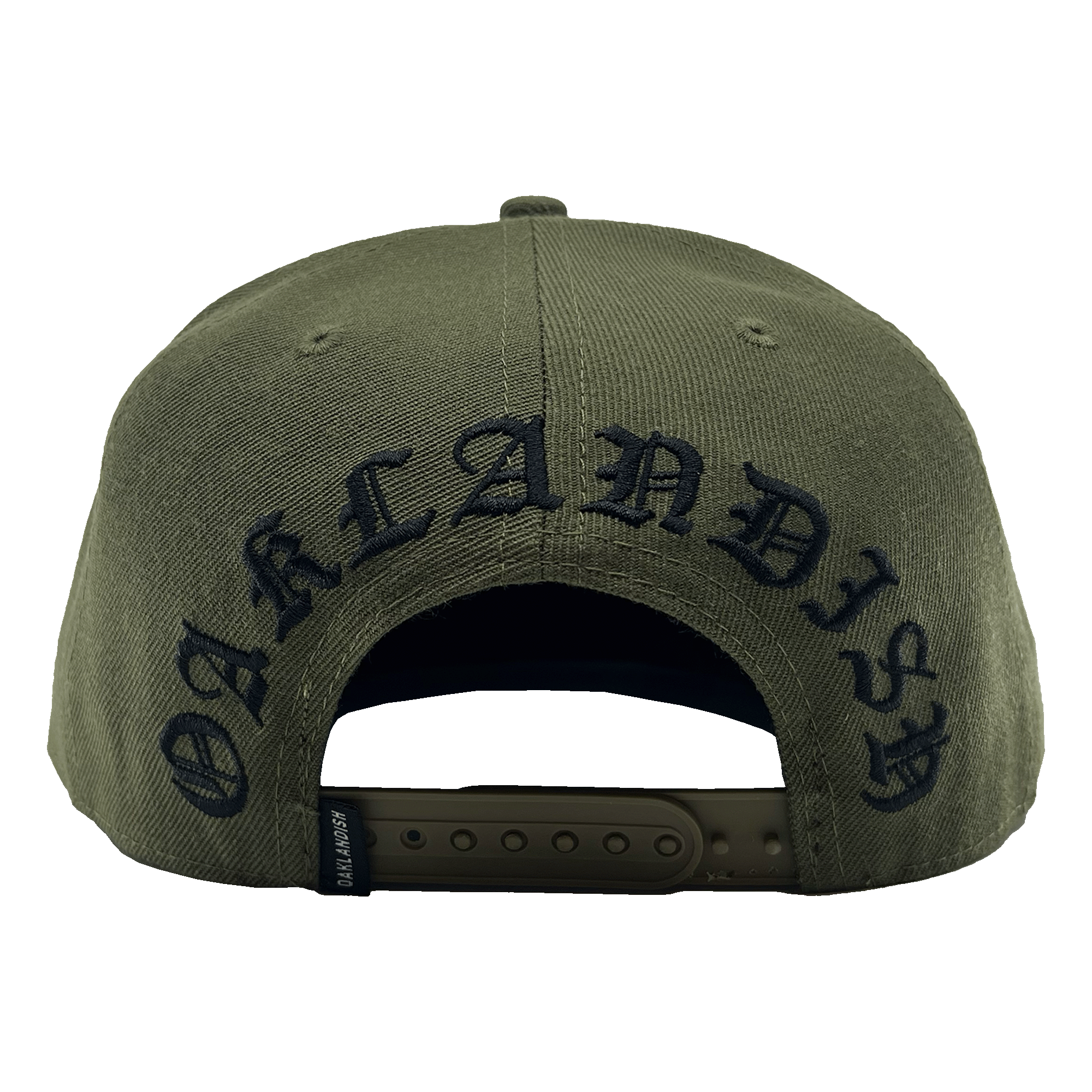 Back view of green hat with snapback closure and small Oaklandish logo with black embroidered Oaklandish wordmark in Old English script.