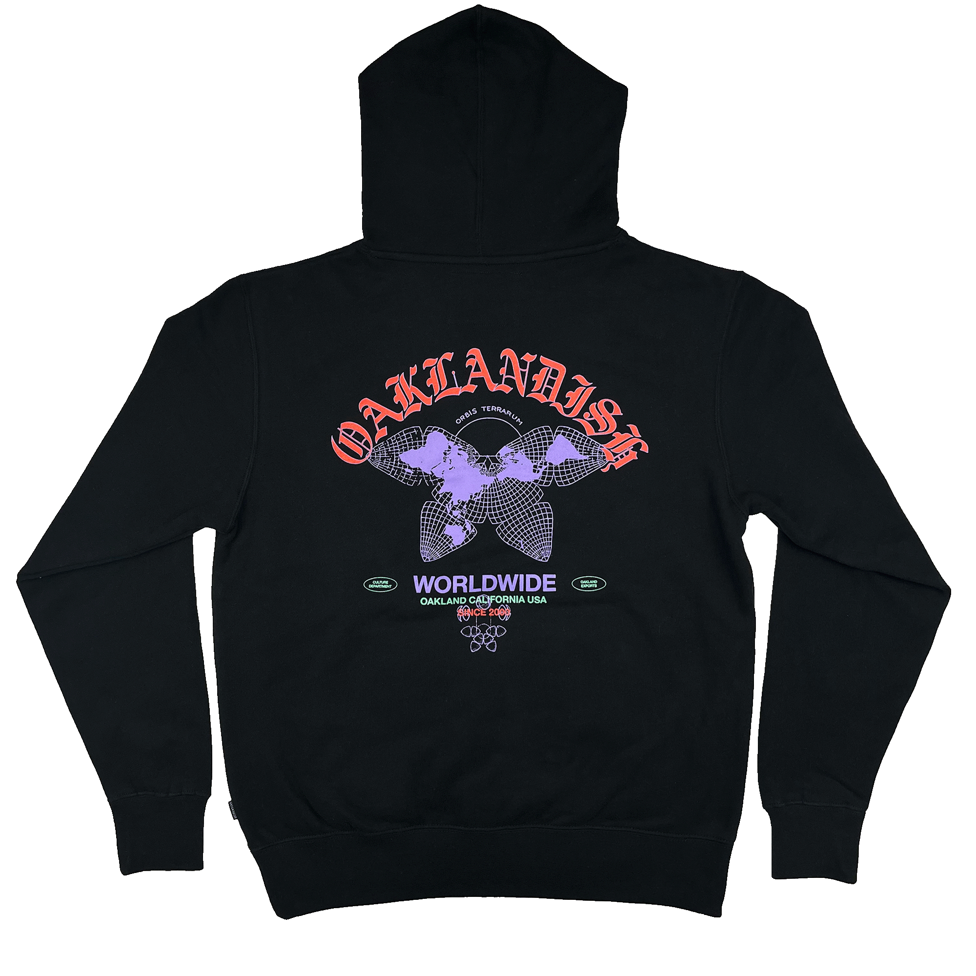 Black hoodie with red, purple, and green Oaklandish worldwide graphic on the back.