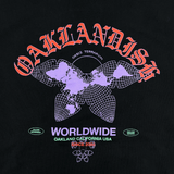 Close-up of red, purple, and green Oaklandish worldwide graphic on the back of a black hoodie.