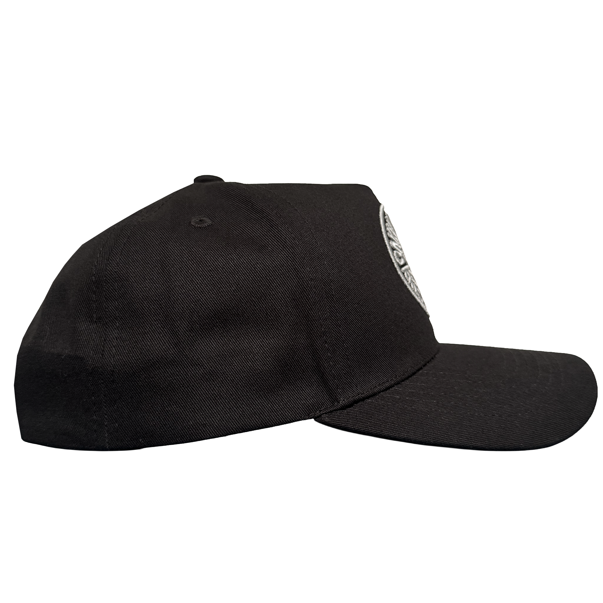 The ORSC 5 Panel Hat by Oakland Roots SC is a black baseball cap with a curved brim, structured crown, and top button. The front panel displays part of the white embroidered Oakland Roots SC logo on a plain white background.