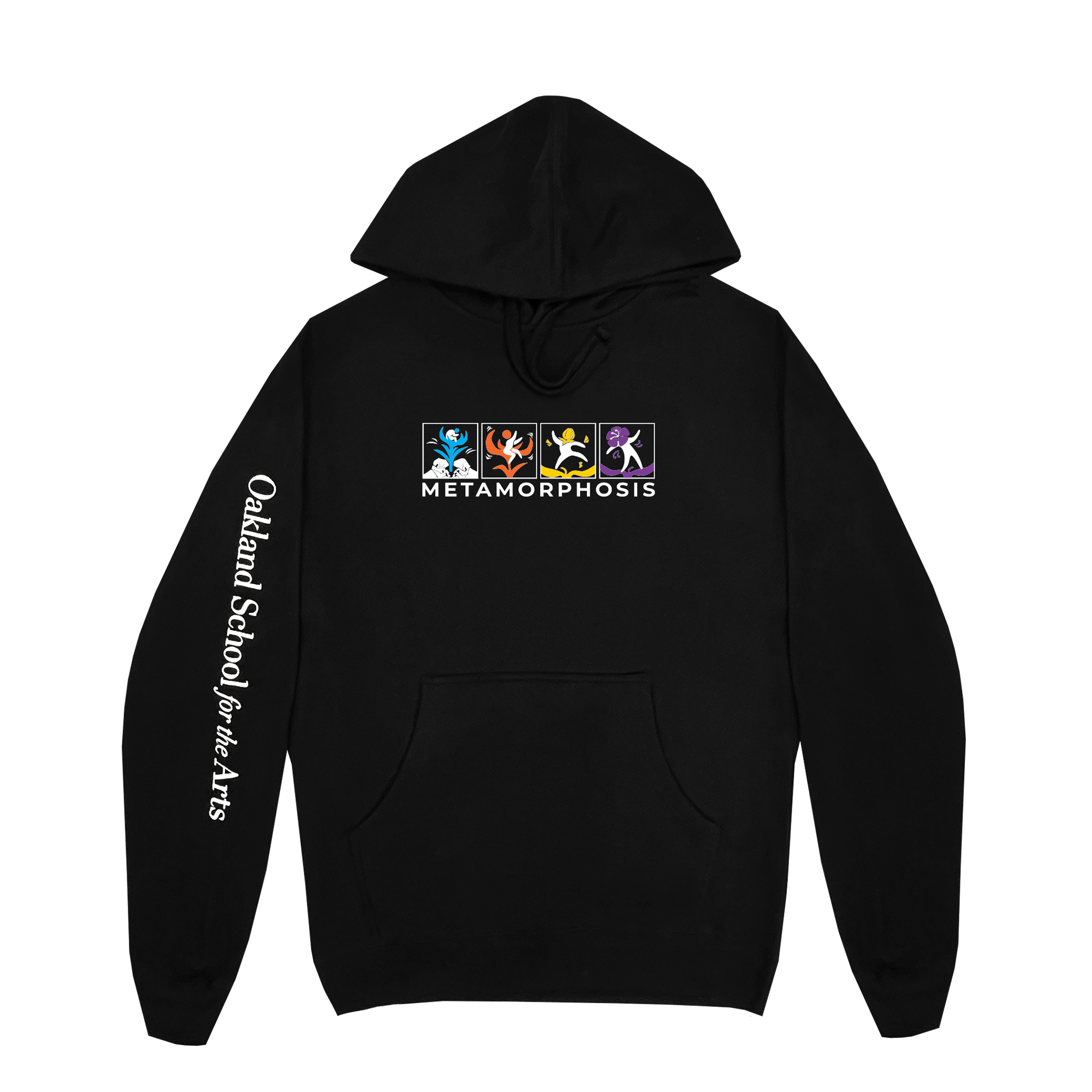 Black hooded sweatshirt with Oakland School for the Arts wordmark on left arm and full-color METAMORPHOSIS logo on the front chest.