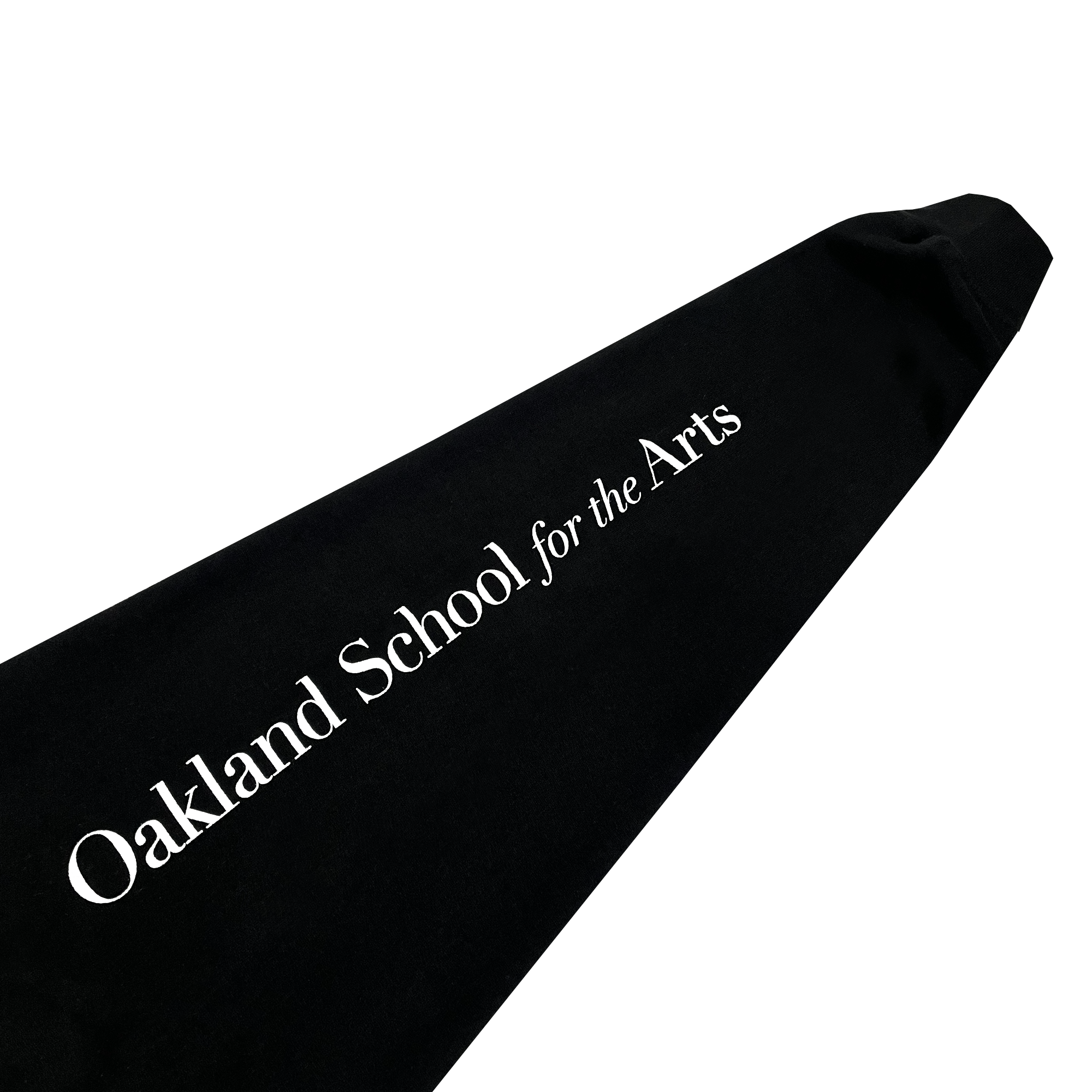 Sleeve of a black sweatshirt with Oakland School for the Arts wordmark in white.