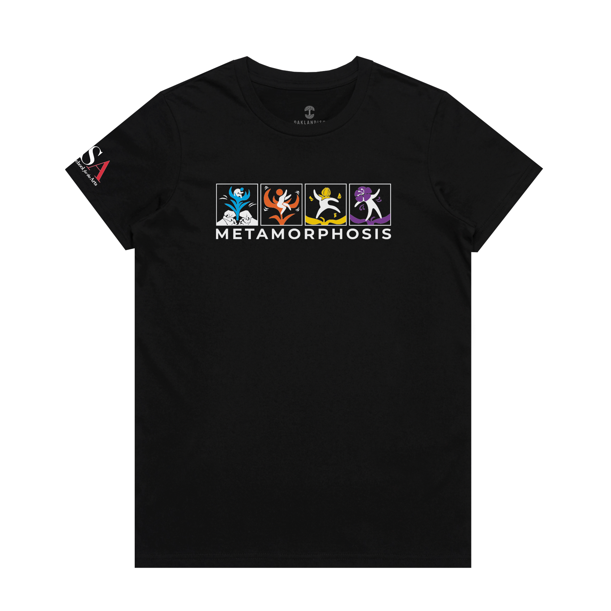 Black women's cut t-shirt with full-color METAMORPHOSIS logo and wordmark on the chest.