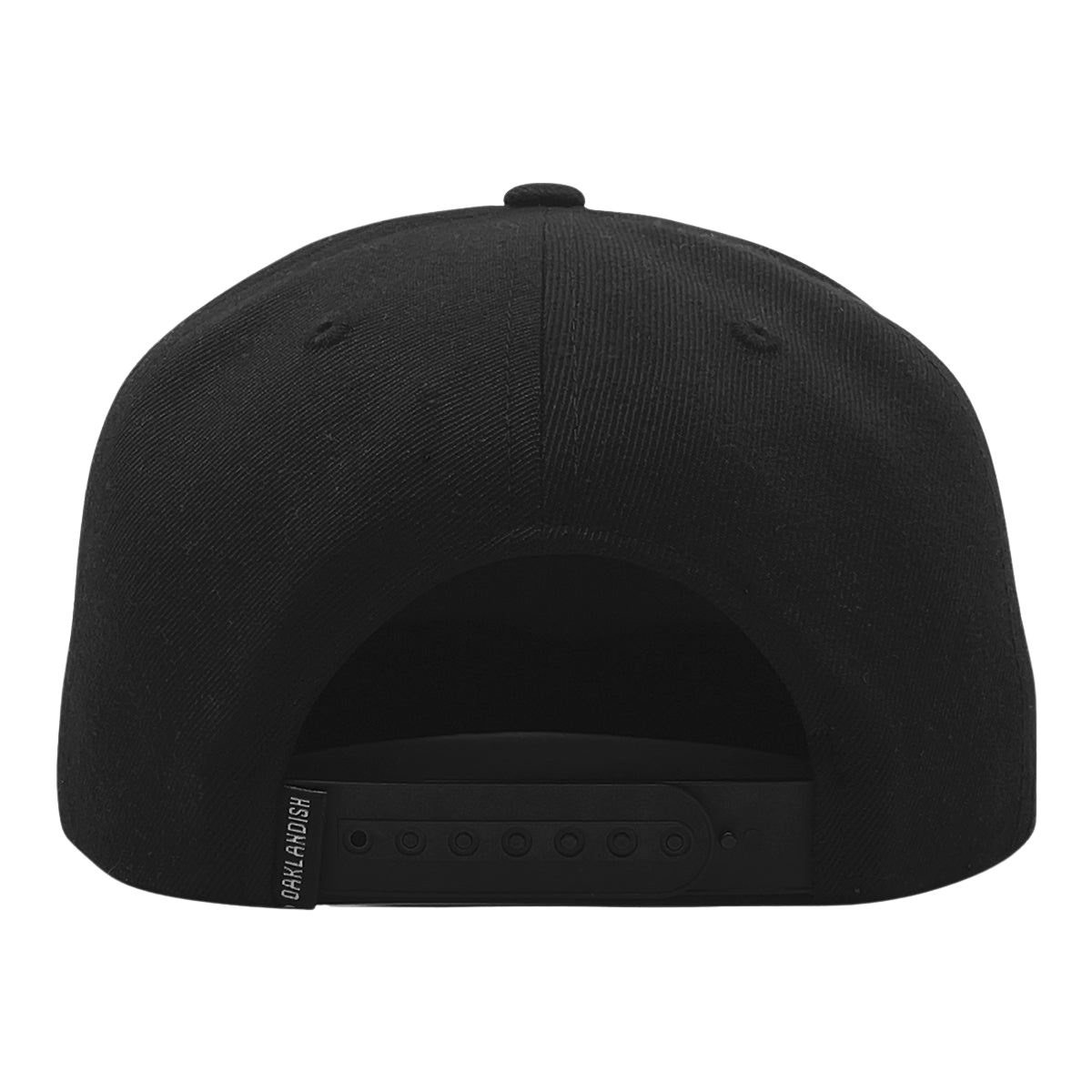 The image displays the back view of the Oaklandish Classic Snapback, showcasing stylish headwear from Oaklandish. The black cap features a flat, round crown with a plastic adjustable strap at the back and a small tag on the left side that reads "ORIGINAL FOUR." The background is plain white.