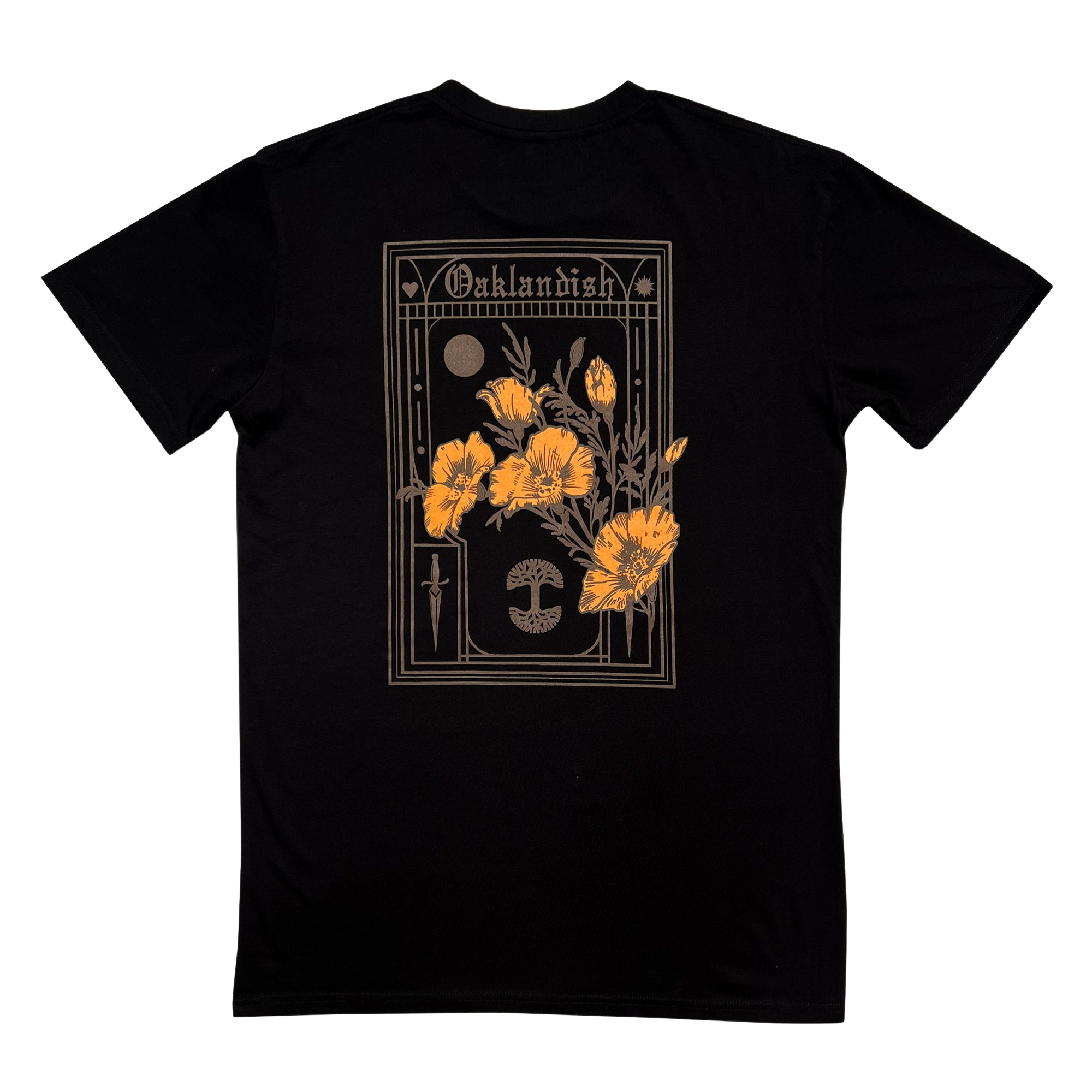 The "Blossom Tee" by Oaklandish is a black men's cotton t-shirt with a decorative design on the back, showcasing several yellow poppies—the California state flower—in front of a rectangular frame with art deco elements. The top of the frame reads "Oaklandish," and the bottom features stylized images of a sword and an ouroboros.