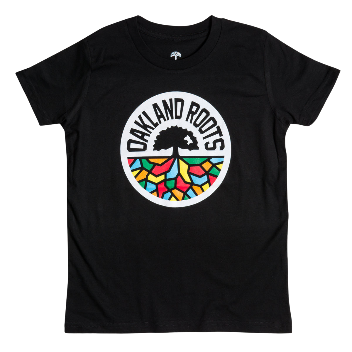 Youth Oakland Roots SC Classic Tee in black, featuring a central circular logo with the words "OAKLAND ROOTS." The logo, inspired by Oaklandish artistry, showcases an abstract tree with roots extending into a vibrant mosaic pattern in red, yellow, blue, and green. Ideal for fans of Oakland Roots Sports Club.