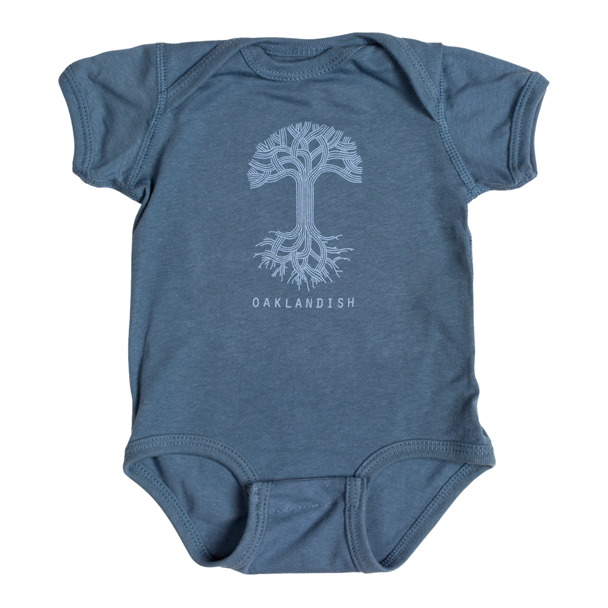 This Infant Oaklandish Classic Logo One-Piece by Oaklandish is a blue baby romper crafted from soft cotton. It features a white graphic of an intricately designed tree with symmetrical roots and branches, along with "OAKLANDISH" printed in white capital letters below the tree. The kids' onesie comes with short sleeves and leg openings that include snap closures.