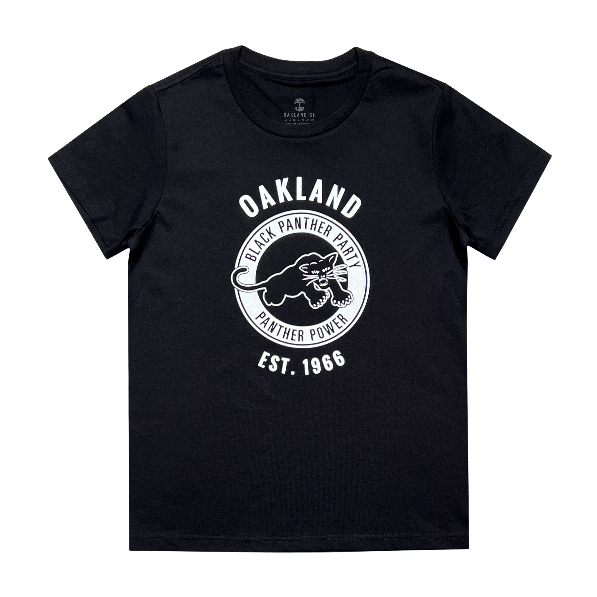 A black Women's Black Panther Power Tee from Oaklandish featuring a circular emblem with a panther illustration in the center. White text above and around the emblem reads "OAKLAND BLACK PANTHER PARTY PANTHER POWER," and additional text below reads "EST. 1966." Celebrating community organizations, the brand label "GALLANTHAWK" is inside the neckline.