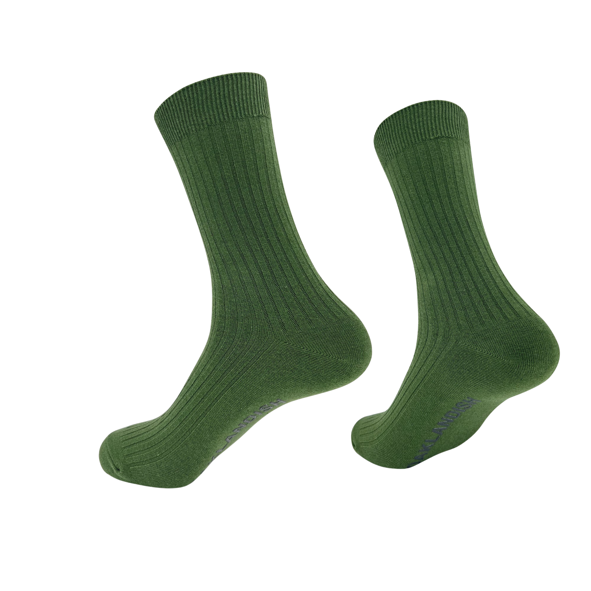 Two forest green Oaklandish Grip Crew Socks are displayed, slightly tilted to the left. The socks feature a textured, vertical ribbed design extending from the ankle to the top cuff. The bottom of one sock shows the brand name "Oaklandish" in small, dark writing. One size fits most. The background is plain white.