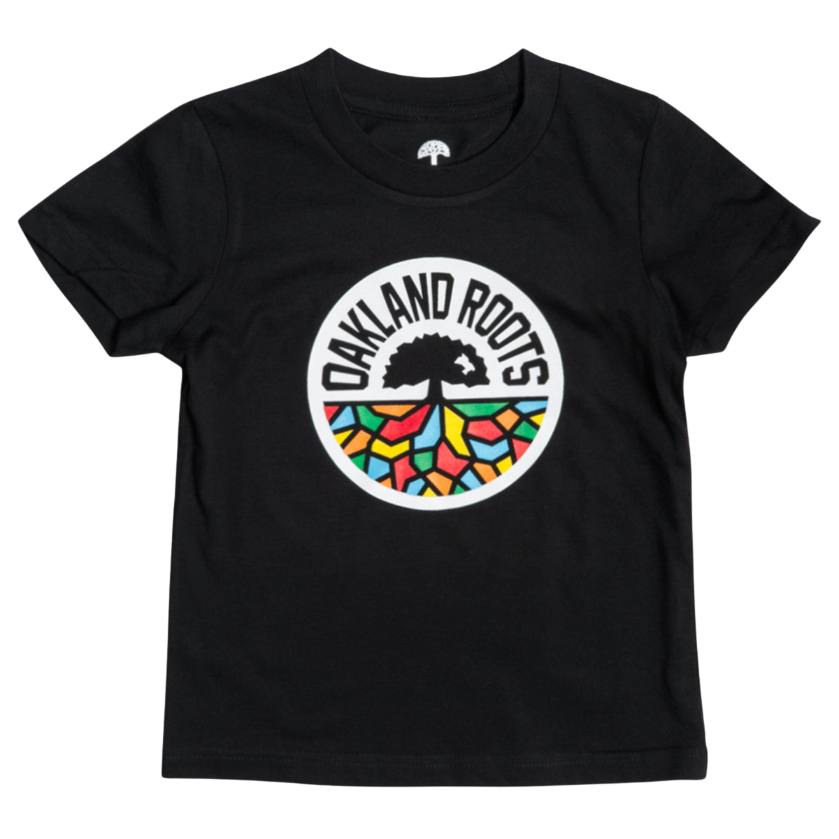 The Toddler Oakland Roots SC Classic Tee from Oakland Roots SC is a black T-shirt that prominently features a circular logo in the center. This logo showcases a black tree silhouette above bold, block letters spelling “OAKLAND ROOTS,” with colorful, abstract shapes resembling stained glass in red, yellow, green, and blue beneath the text—a perfect fit for any young fan of this vibrant sports club.