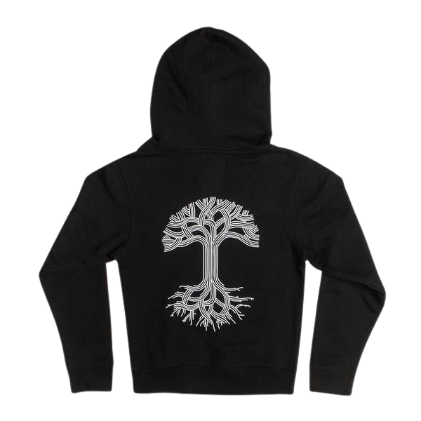 The Youth Classic Hoodie from Oaklandish is a kids' size black hoodie, featuring a white tree design on the back with intricate branches and roots forming a symmetrical pattern. Designed for Oakland's youngsters, it comes with long sleeves and a hood, laid flat against a plain white background to highlight the design.