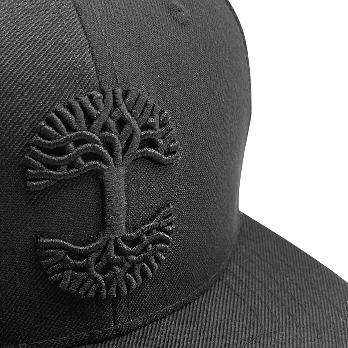 The Oaklandish Classic Snapback by Oaklandish is a black cap with an intricately embroidered design on the front panel, featuring a symmetrical, stylized tree. The design is divided into two sections, with branches forming the upper part and roots forming the lower part, all set on a textured, diagonal weave fabric.