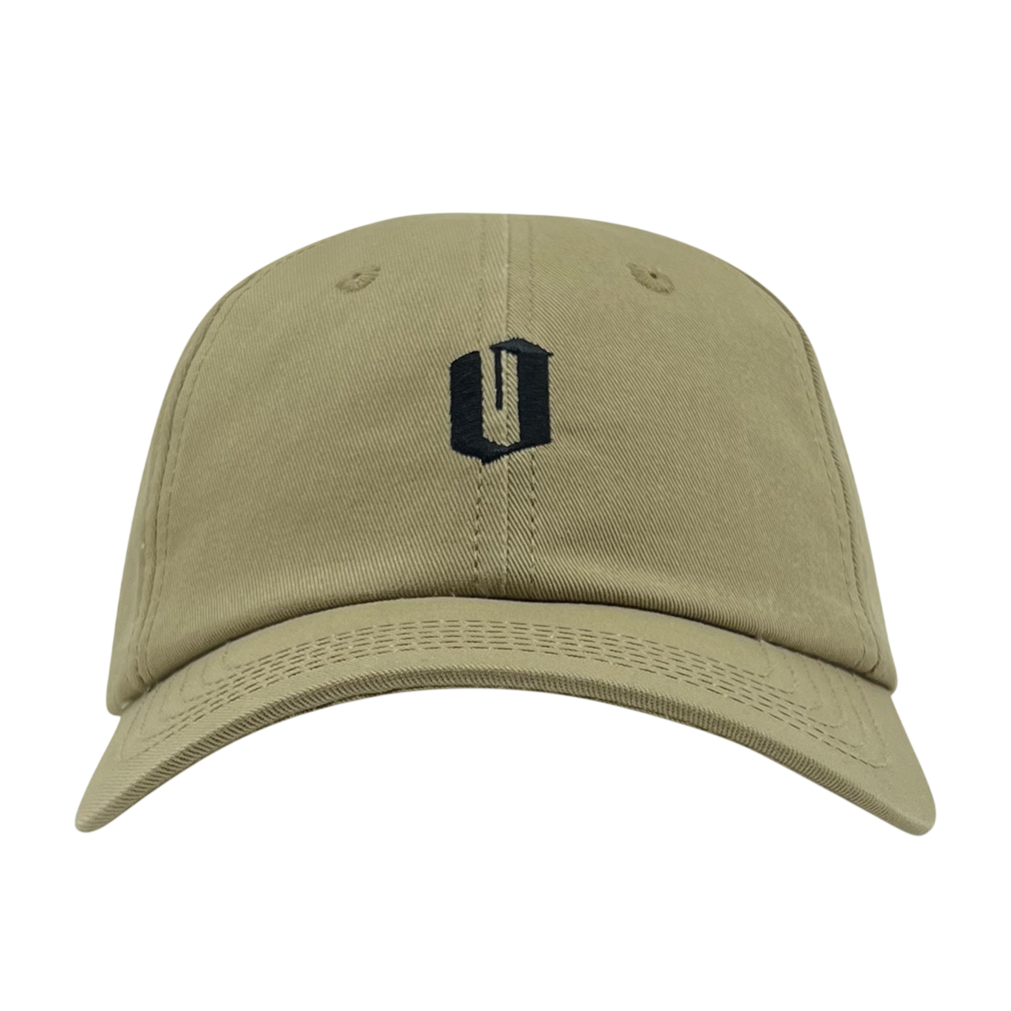 An Official Micro Logo Dad Hat from Oaklandish with a curved brim is centered in the image. The khaki-colored cap features an embroidered black "U" logo on the front and an adjustable strap at the back. The plain white background highlights the details and color of this stylish hat.