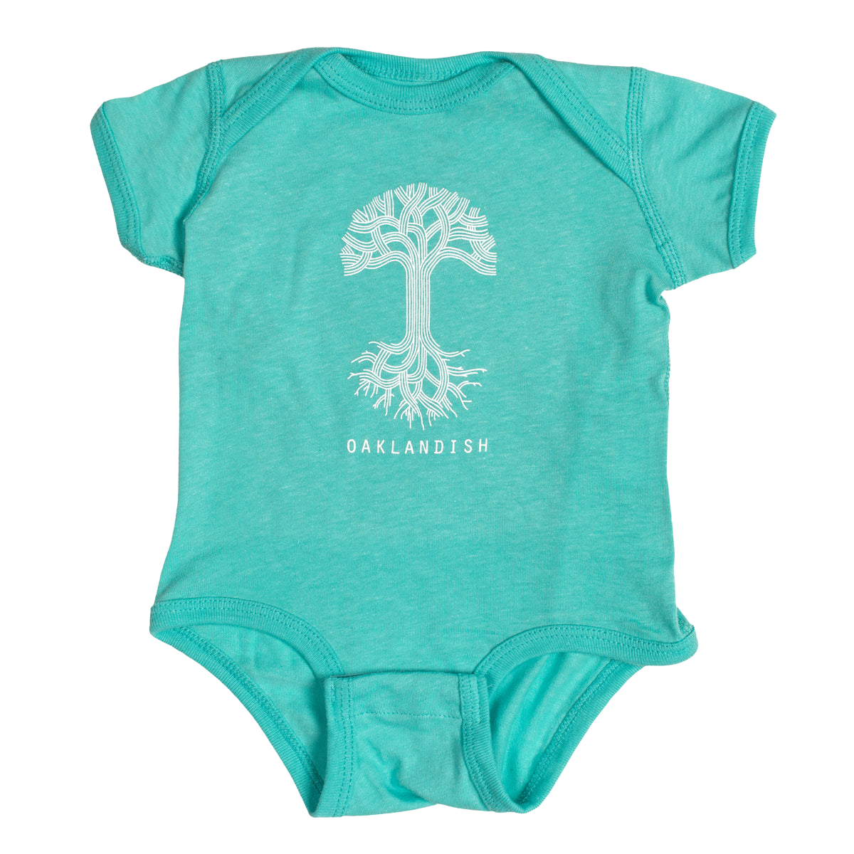 The Infant Oaklandish Classic Logo One-Piece by Oaklandish is a teal, 100% cotton short-sleeve romper featuring a round neckline and snap closures at the bottom. It showcases a white graphic of a tree with roots extending downward, with "OAKLANDISH" printed in white capital letters below the tree.