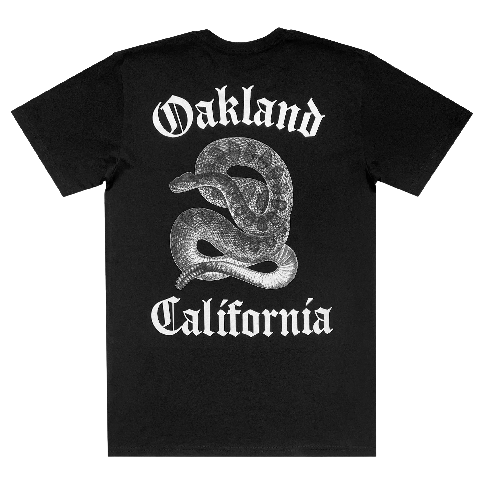 The Sistrurus Tee by Oaklandish is a black T-shirt adorned with a coiled, venomous snake graphic on the back. Above the snake, the word "Oakland" is prominently displayed, and below it reads "California," both in a bold Gothic font. Made from 100% cotton, this classic fit T-shirt design is in white, providing a striking contrast against the black fabric.