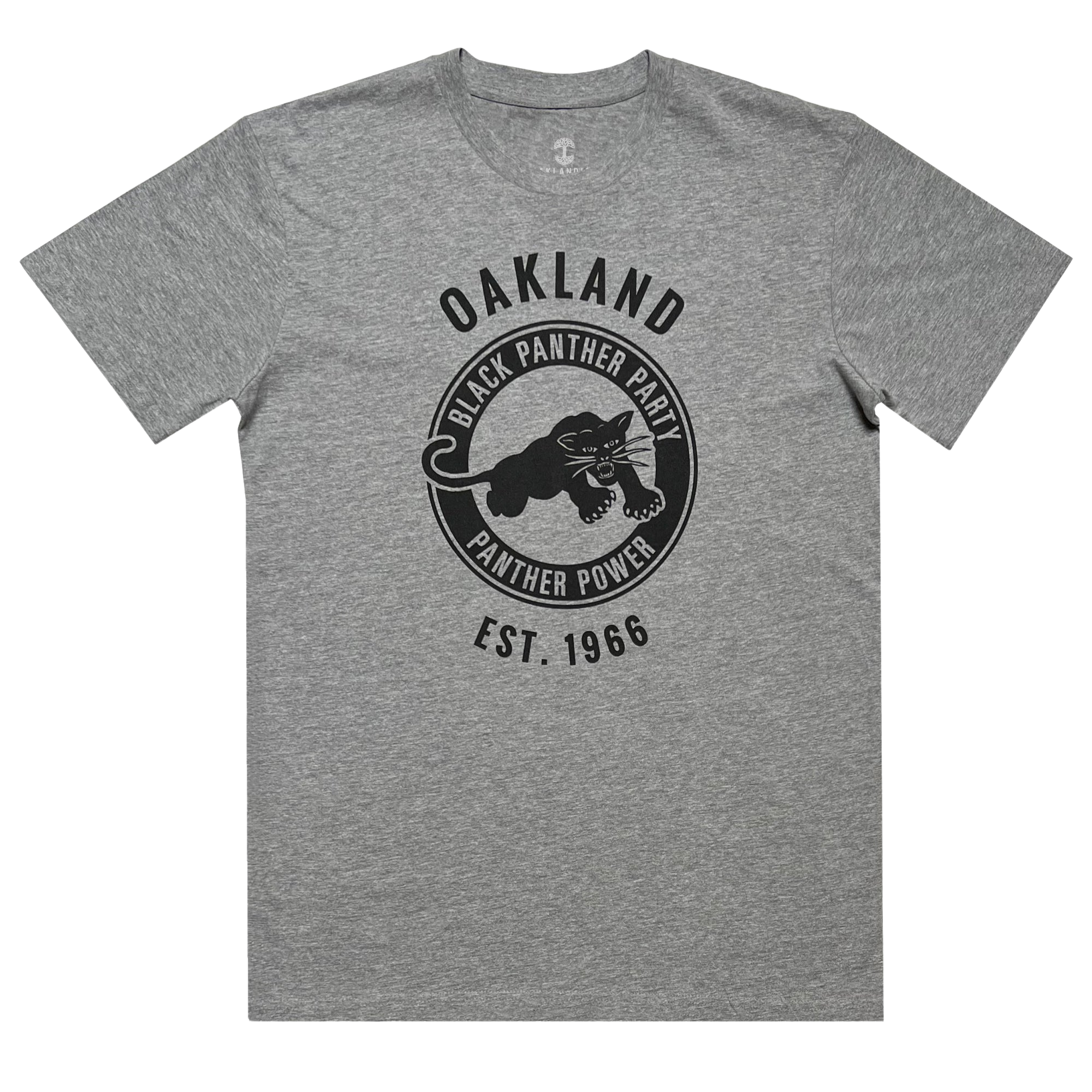 The Black Panther Power Tee from Oaklandish showcases a striking graphic design of a black panther at its center. Above the panther, the text reads "OAKLAND," encircled by "Black Panther Party" and "BLACK PANTHER POWER." Below, it states "EST. 1966." The bold black ink design on this gray t-shirt lends it a vintage, powerful look that celebrates community organizations.