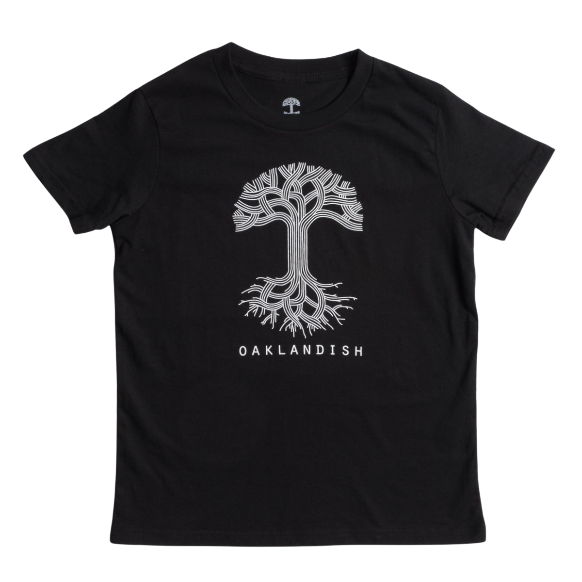 The image shows the Youth Oaklandish Classic Logo Tee by Oaklandish, a black tee made from 100% cotton. It features a white graphic of a tree with branches extending upward and roots spreading downward. Below the tree graphic, "OAKLANDISH" is written in white capital letters. The kids' t-shirt is laid flat against a white background.