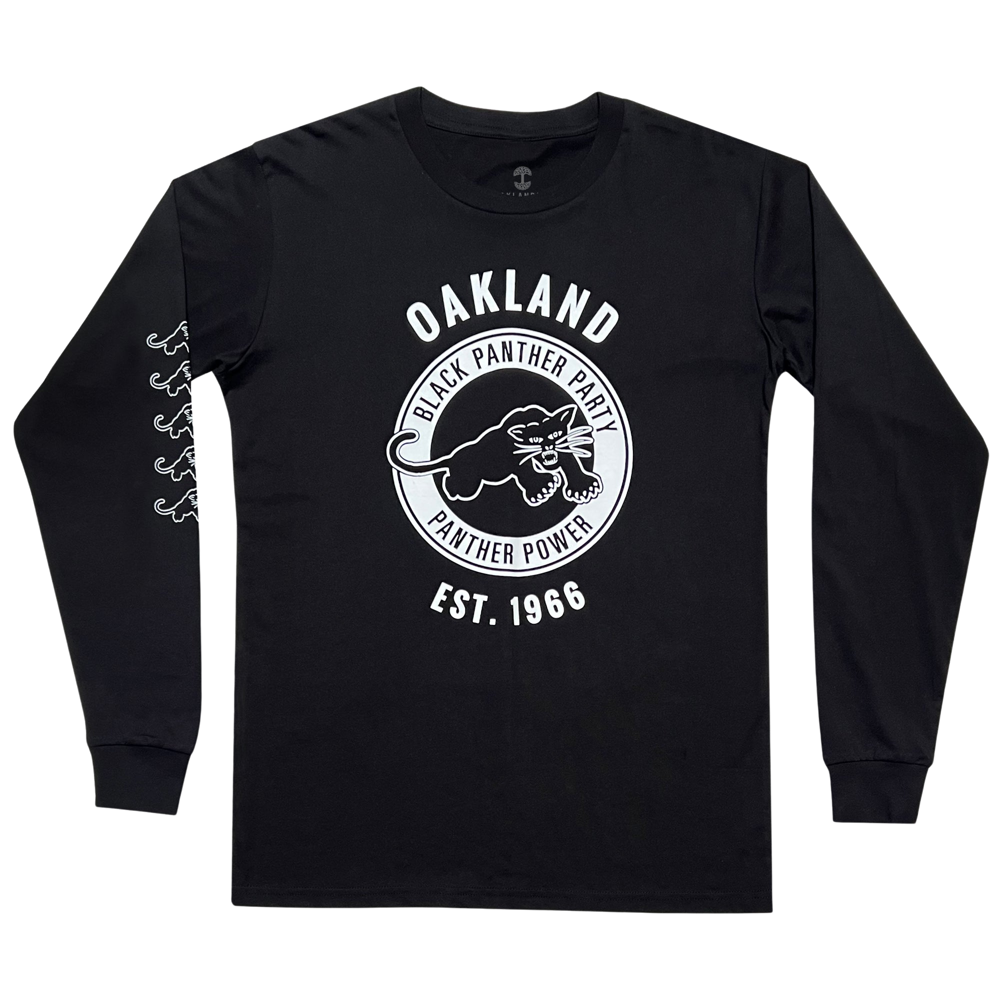 Introducing the Black Panther Power LS Tee by Oaklandish: This black long-sleeve shirt boasts a bold front design featuring a large circular emblem. Encircling an image of a panther in a striking pose is the text "OAKLAND BLACK PANTHER PARTY PANTHER POWER," celebrating the legacy of the party. Beneath this powerful graphic, it reads "EST. 1966." Additionally, a chain of panther images runs down one sleeve, adding an extra touch of style and homage.