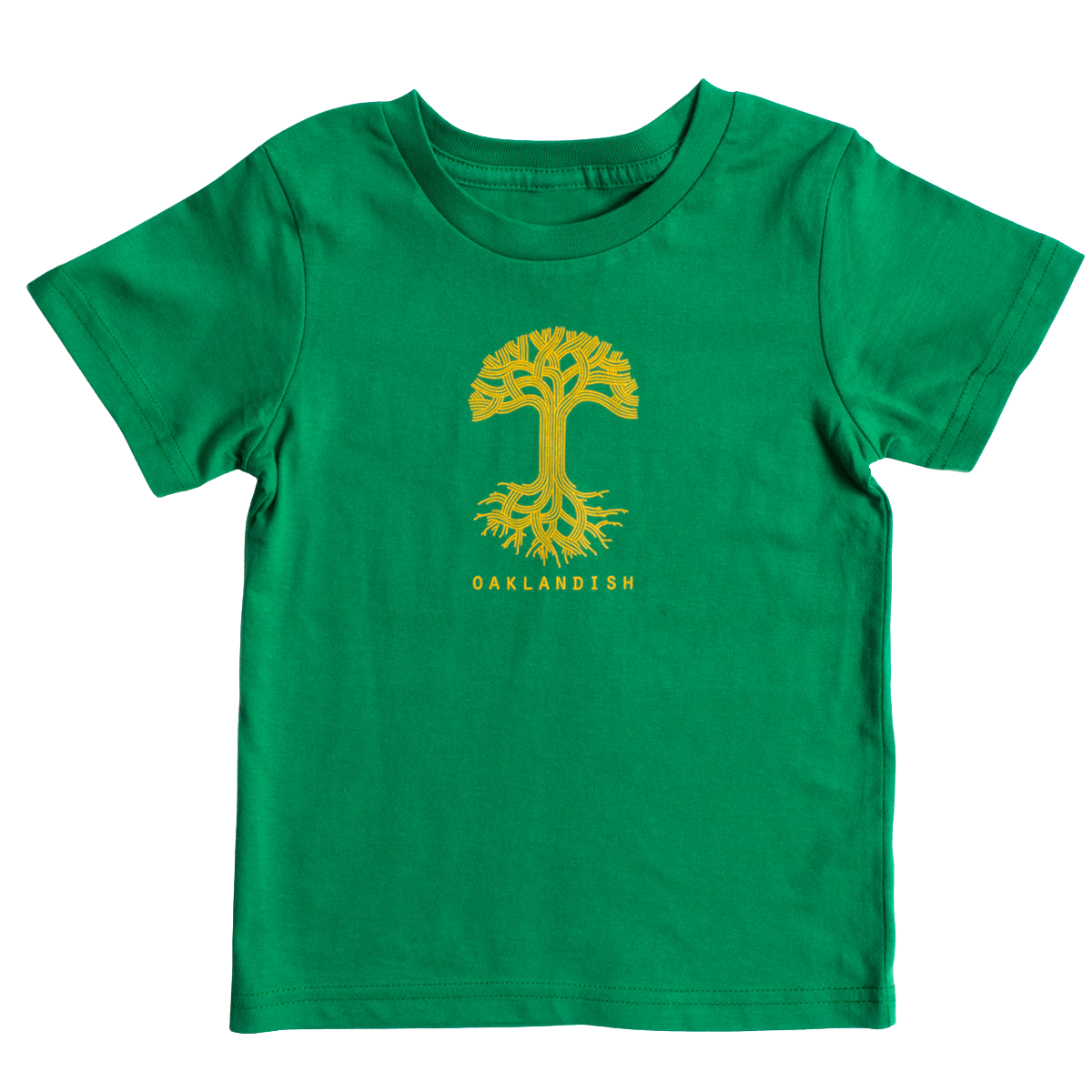The Toddler Oaklandish Classic Logo Tee by Oaklandish is a Kelly green 100% cotton T-shirt featuring a large yellow tree with visible roots centered on the chest. Below the tree, "OAKLANDISH" is written in uppercase yellow letters. The T-shirt is displayed on a plain white background.