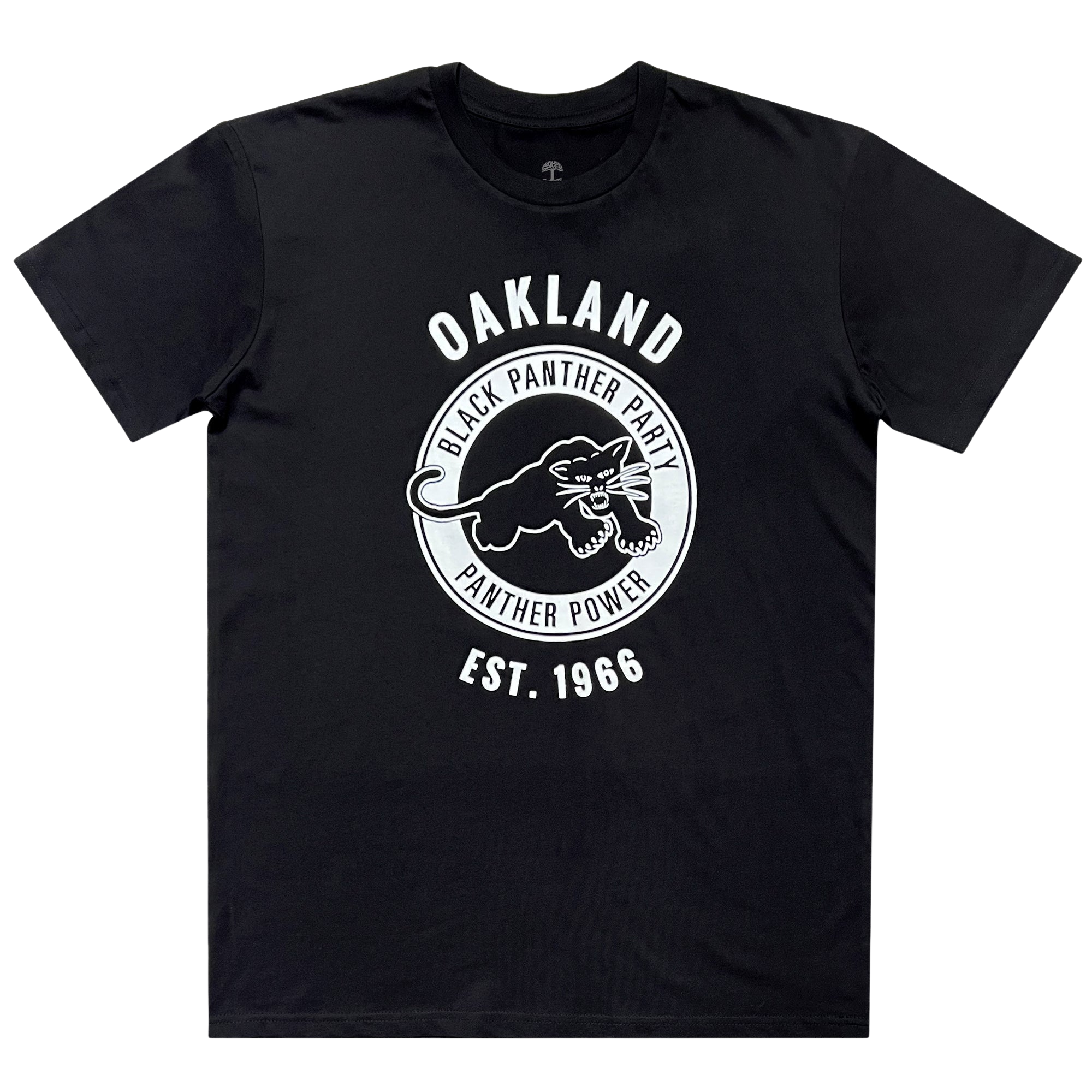 The Black Panther Power Tee by Oaklandish is a black T-shirt showcasing a white circular logo at the center. Inside the circle, it features an image of a black panther along with the phrases "Oakland Black Panther Party" and "Black Panther Power." The text "Oakland" is displayed above the circle, while "Est. 1966" is boldly written below—all in striking white text. This piece from Social Consciousness Apparel comes with short sleeves.