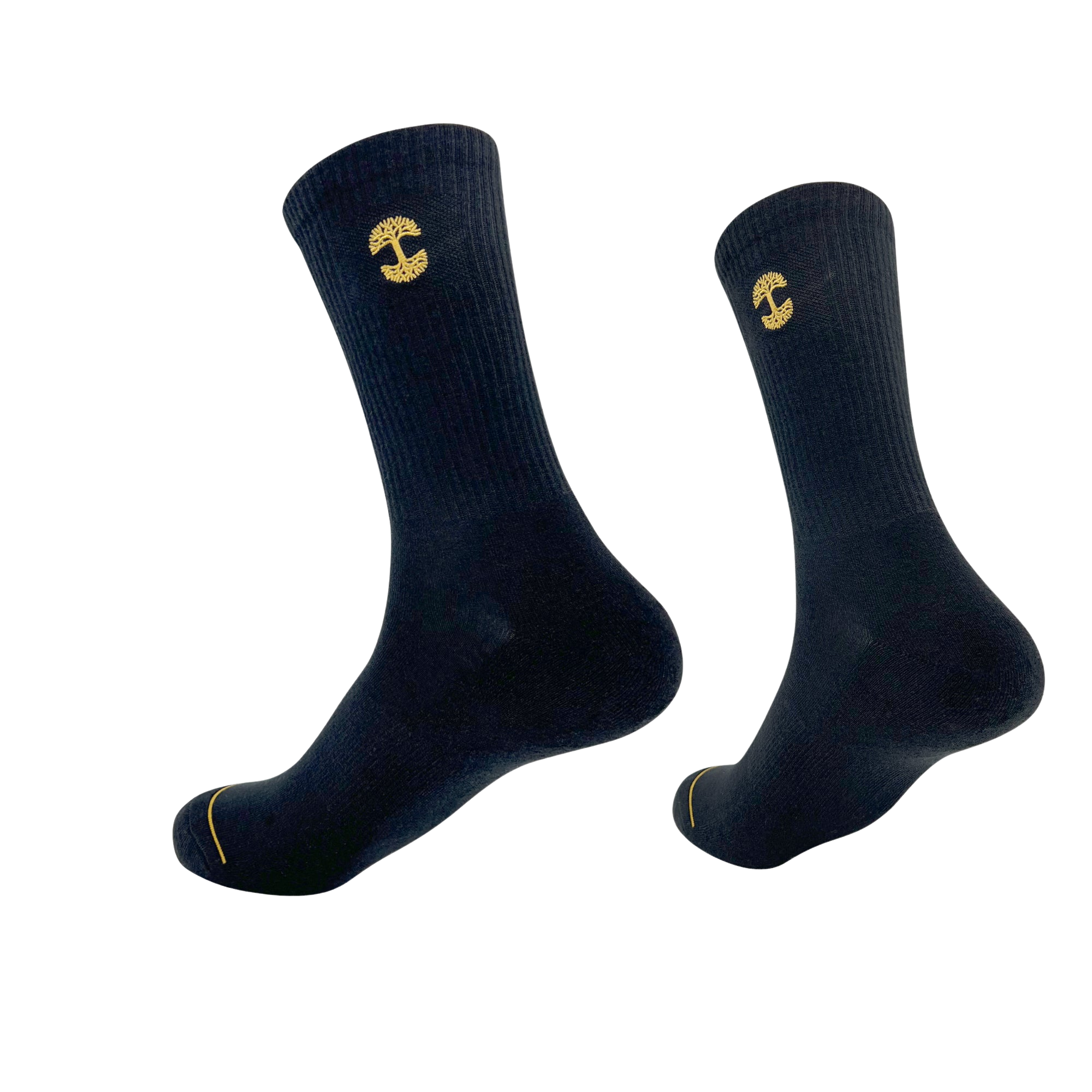 Two Embroidered Logo Socks from Oaklandish, made in a ribbed material with a black and gold color scheme, are shown against a plain white background. These crew socks showcase the iconic yellow Oaklandish logo near the top and a subtle yellow detail near the toe area. They appear to be mid-calf length and are slightly elevated, giving the impression of floating.
