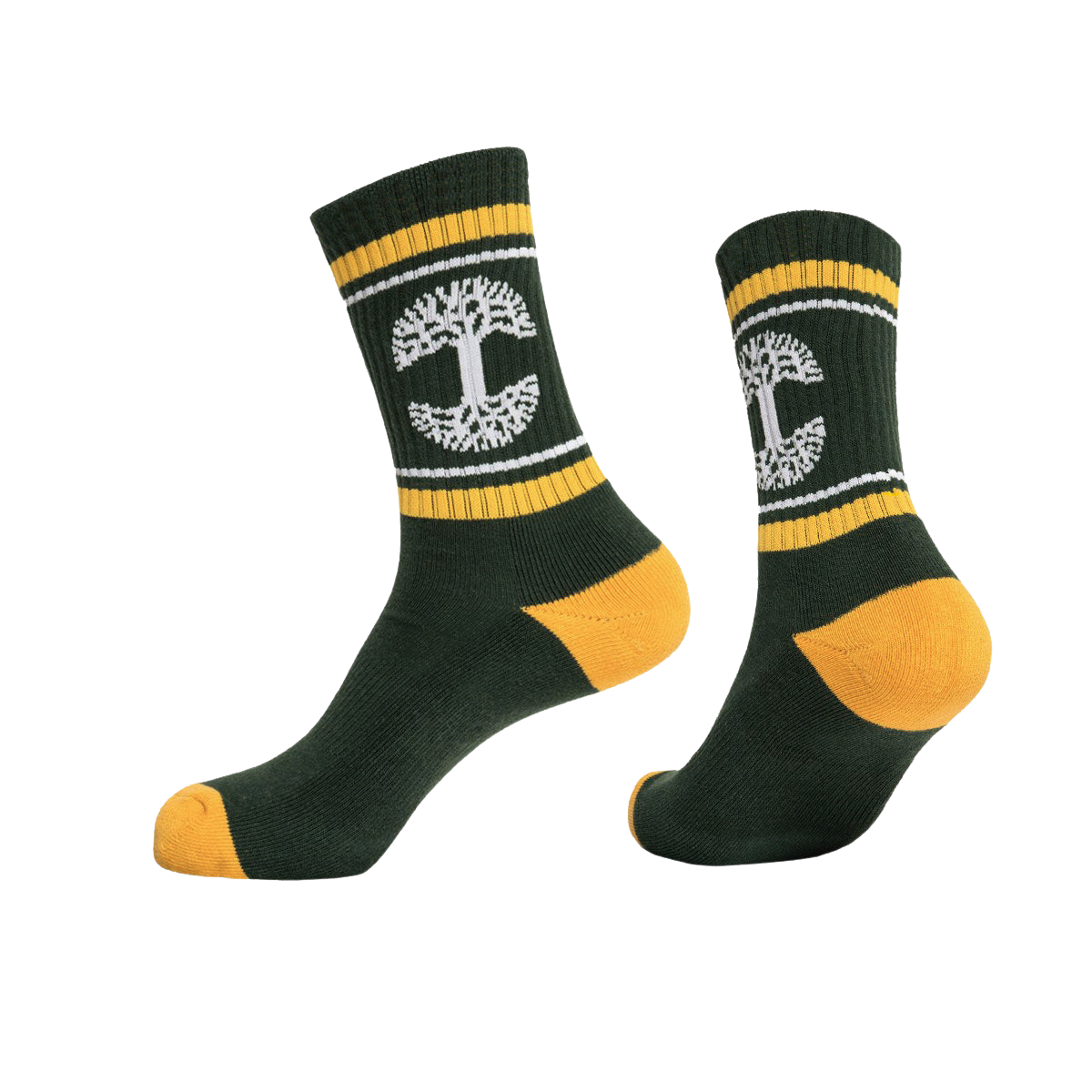 Introducing the OAK Knit Crew Socks by Oaklandish. These socks come in a forest green hue with striking yellow accents on the toe, heel, and top cuff. Adorned with white stripes around the cuffs and featuring a distinctive white tree emblem on the sides, they are crafted from a comfortable blend of cotton, polyester, and spandex. Displayed against a plain white background, one sock is angled to prominently showcase the iconic tree design.