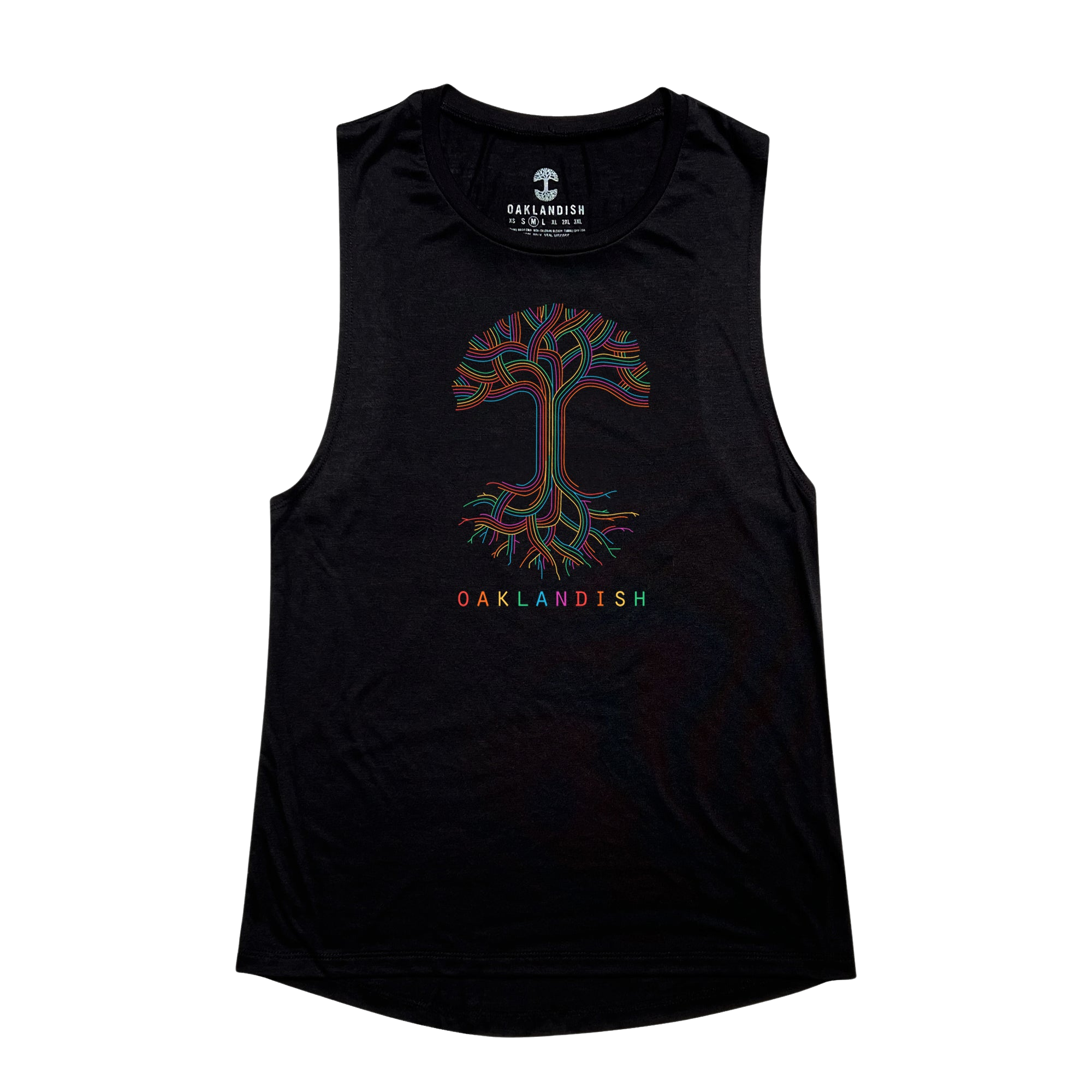 The Women's Oaklandish Pride Classic Logo Tank by Oaklandish is a black sleeveless top featuring a multicolored tree design on the front. The roots and branches form a symmetrical pattern, with the word "OAKLANDISH" printed below in rainbow letters, showcasing pride in Oakland. Inside the collar, "OAKLANDISH" is also printed along with care instructions.