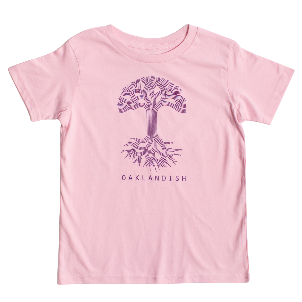 The Youth Oaklandish Classic Logo Tee by Oaklandish features a pink base adorned with a stylized purple tree graphic on the chest. The tree showcases intricate, branching roots and limbs that mimic circuit board patterns. Below the tree, "OAKLANDISH" is printed in bold purple capital letters. Crafted from 100% cotton, it ensures ultimate comfort.