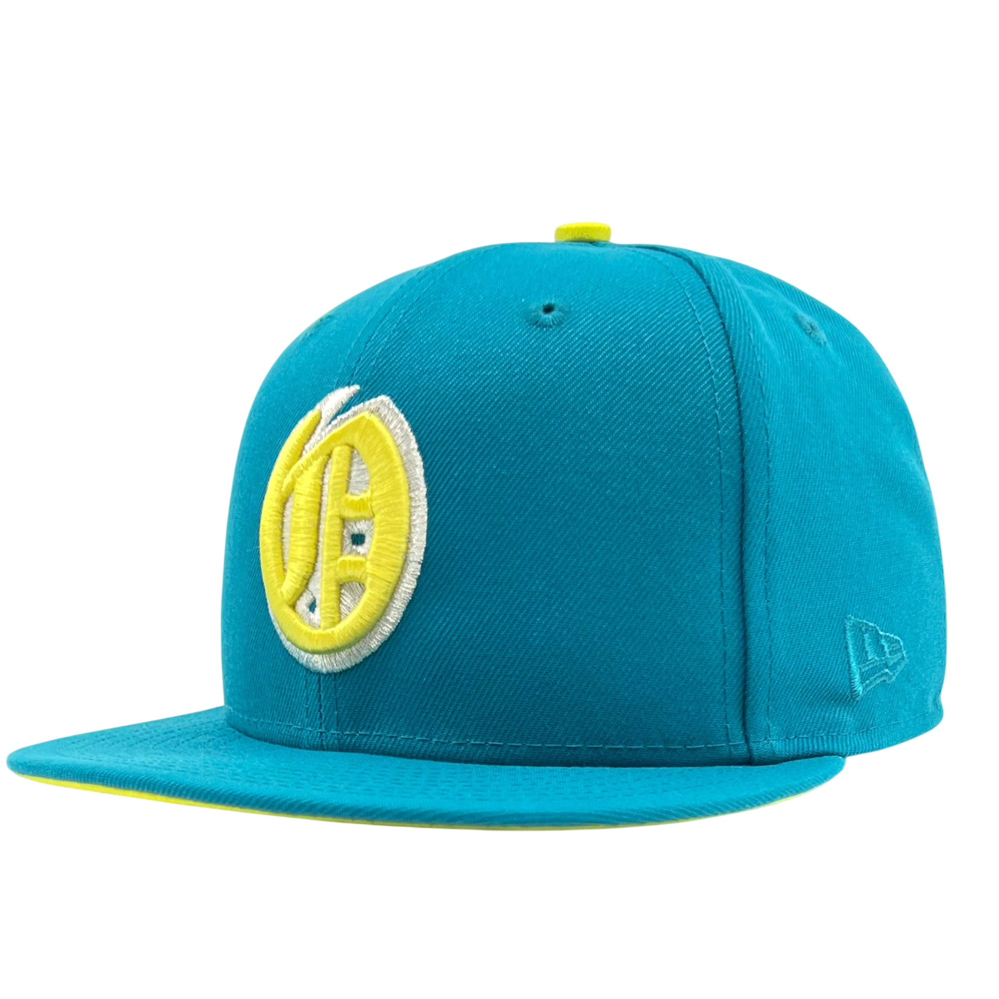 The New Era Oakland Oaks 59FIFTY Fitted Cap by Other features a teal flat brim, a prominent yellow and white embroidered logo resembling a stylized letter “D” on the front, a yellow button on top, and a yellow accent along the edge of the brim.